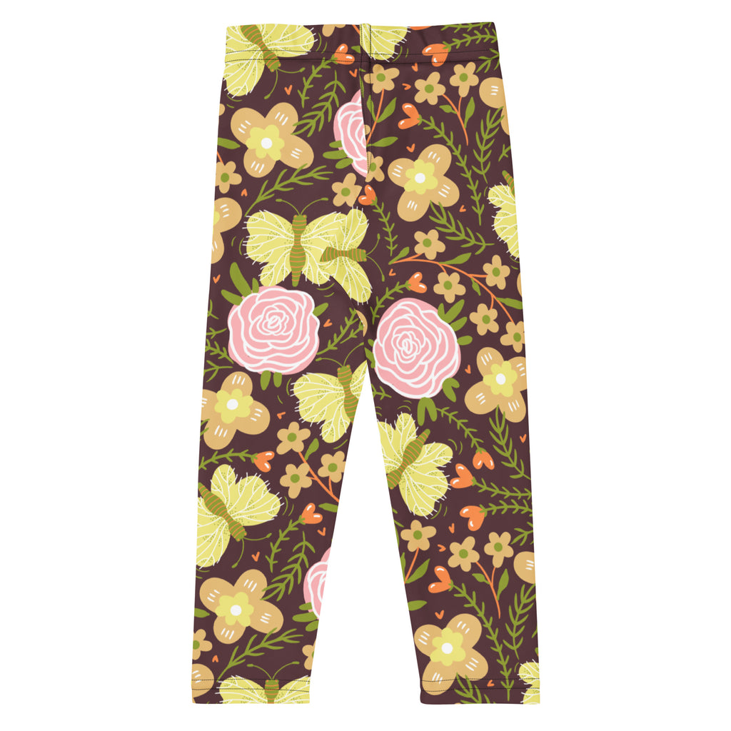 Girls brown floral buttery soft leggings with vibrant yellow butterflies pink roses and green foliage pattern
