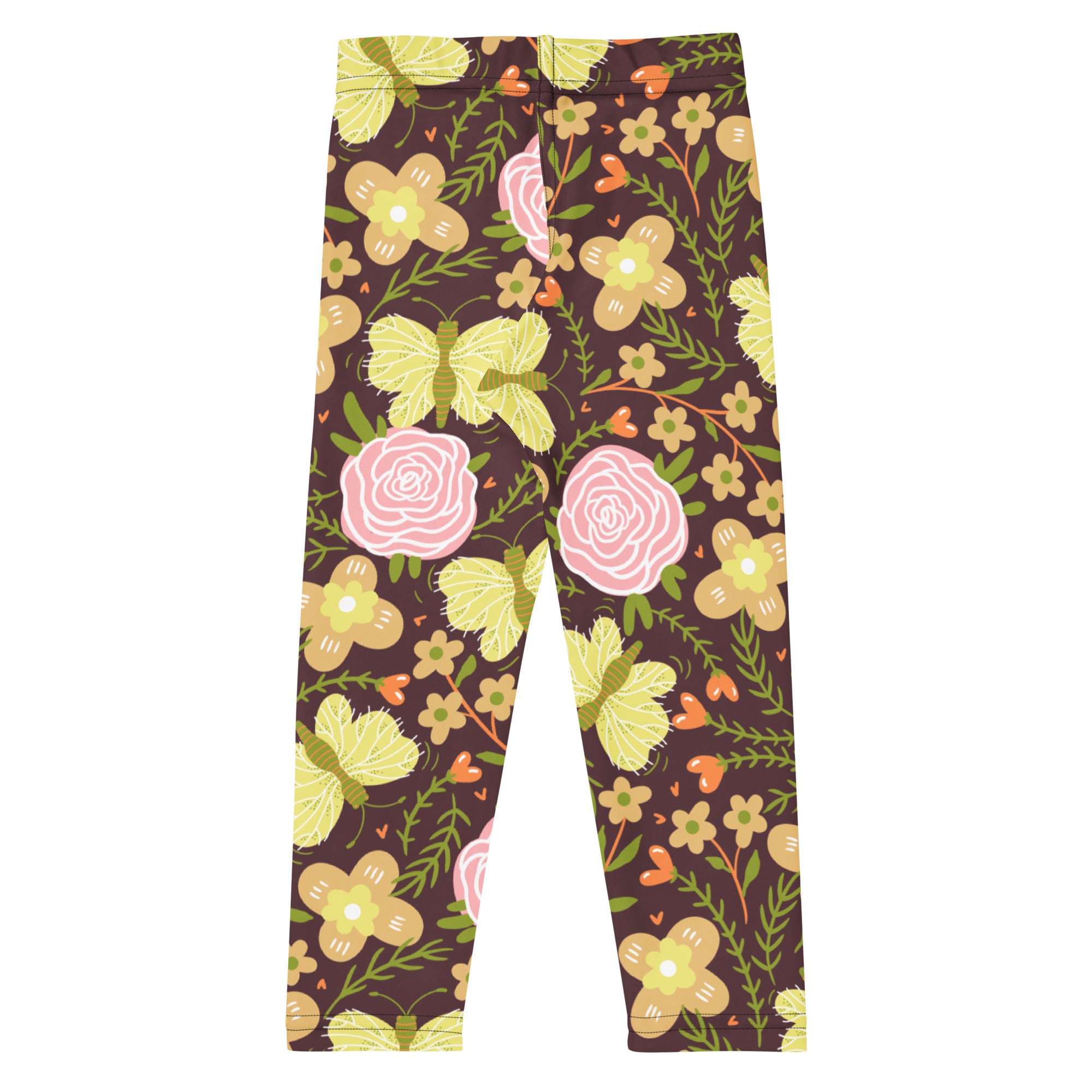 Girls brown floral buttery soft leggings with vibrant yellow butterflies pink roses and green foliage pattern