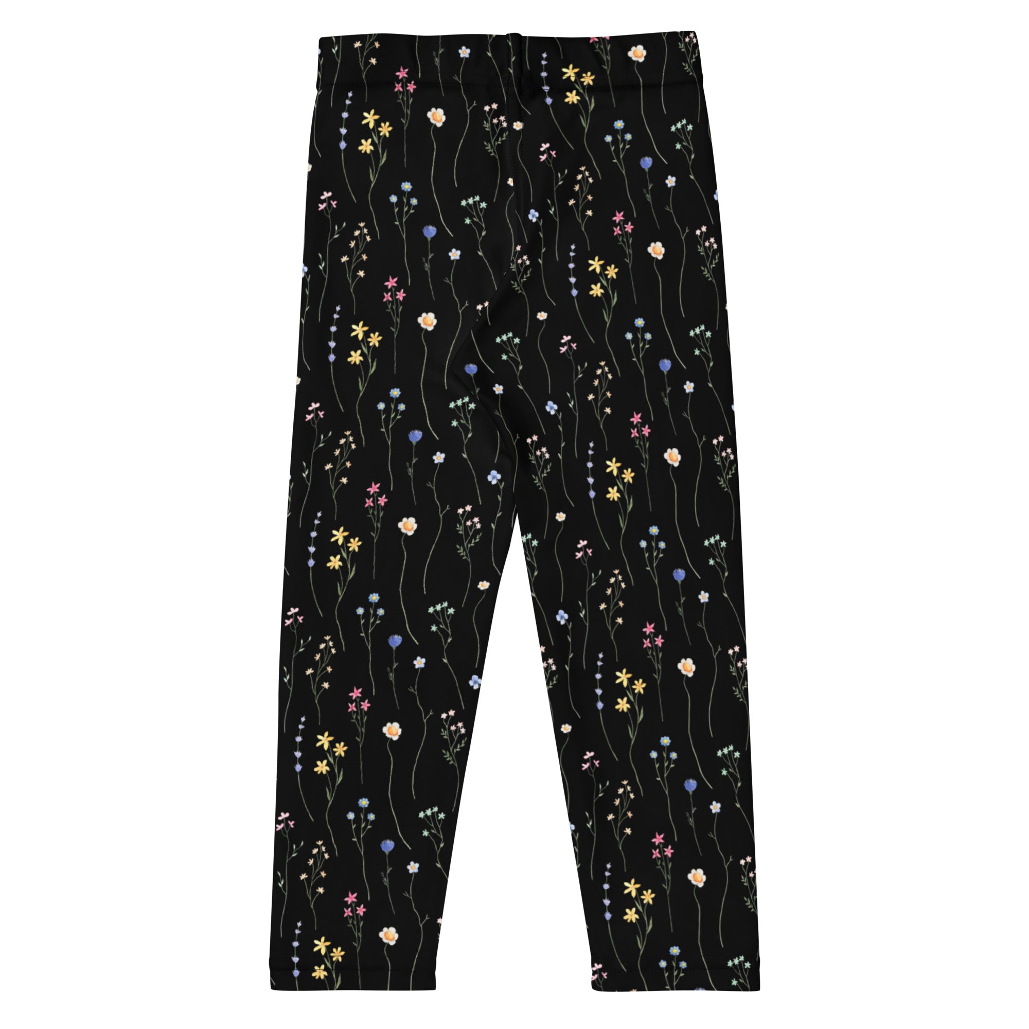 Girls black wildflower buttery soft leggings with a delicate pattern of multicolored pastel wildflowers