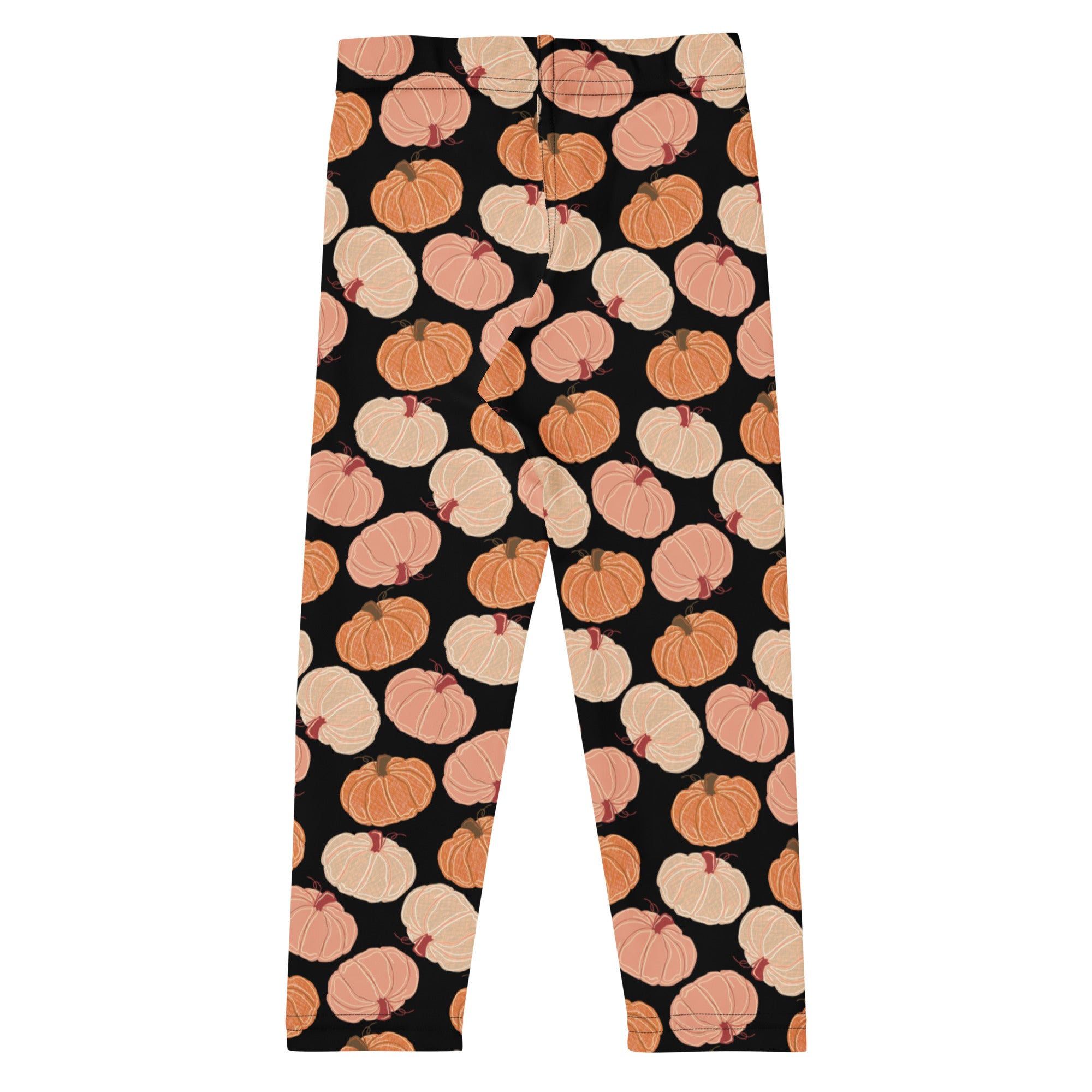 Kids fall pumpkins buttery soft black leggings with a repeating pattern of illustrated orange and cream pumpkins
