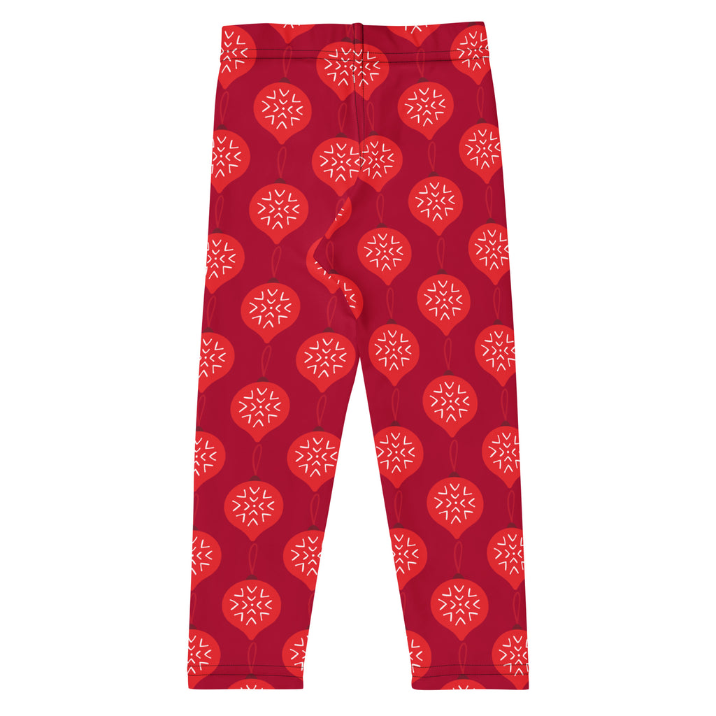 Girls christmas ornament buttery soft leggings in red with white snowflake patterns inside festive balloon shapes