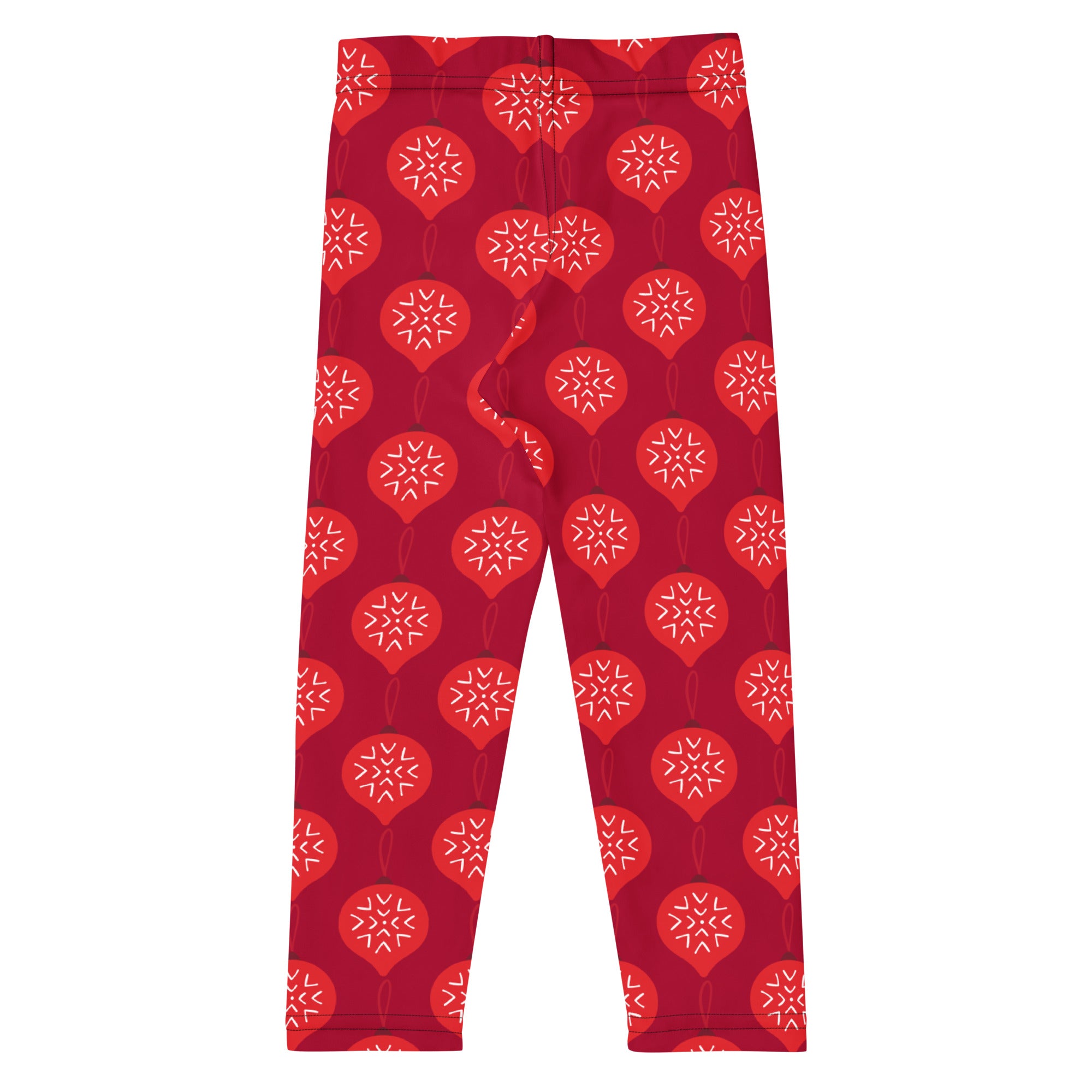 Girls christmas ornament buttery soft leggings in red with white snowflake patterns inside festive balloon shapes