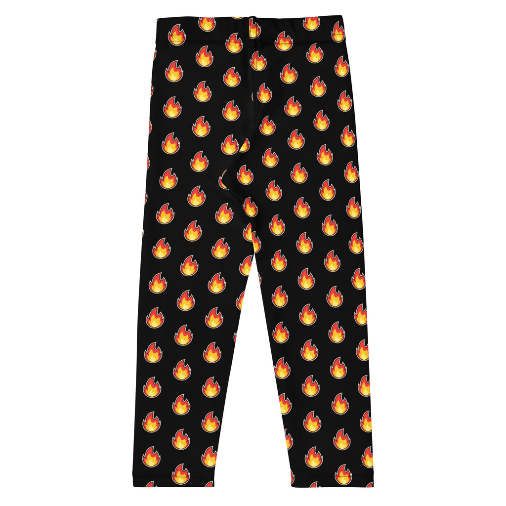 Kids flame emoji buttery soft black leggings with bright orange and yellow cartoon flame pattern