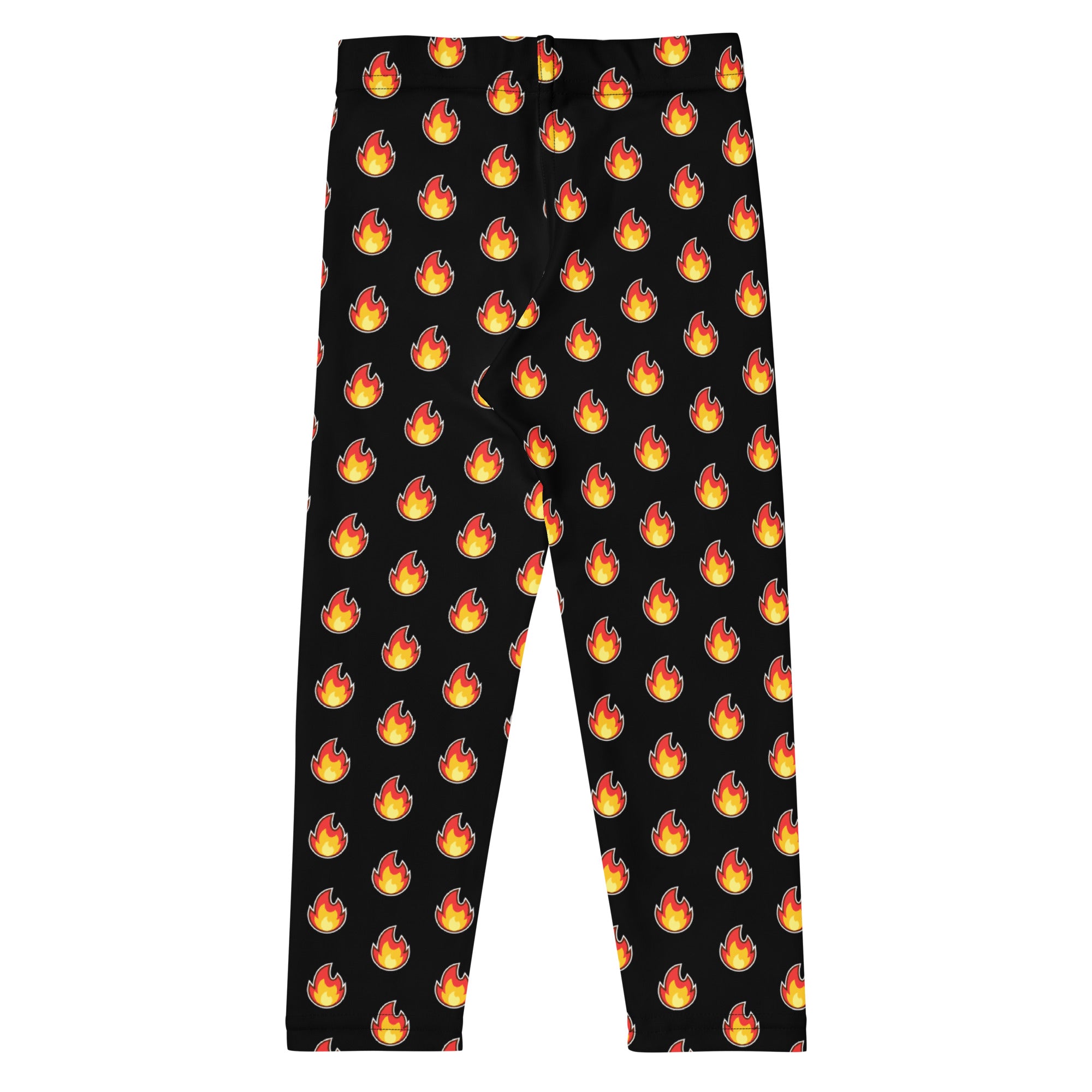 Kids flame emoji buttery soft black leggings with bright orange and yellow cartoon flame pattern