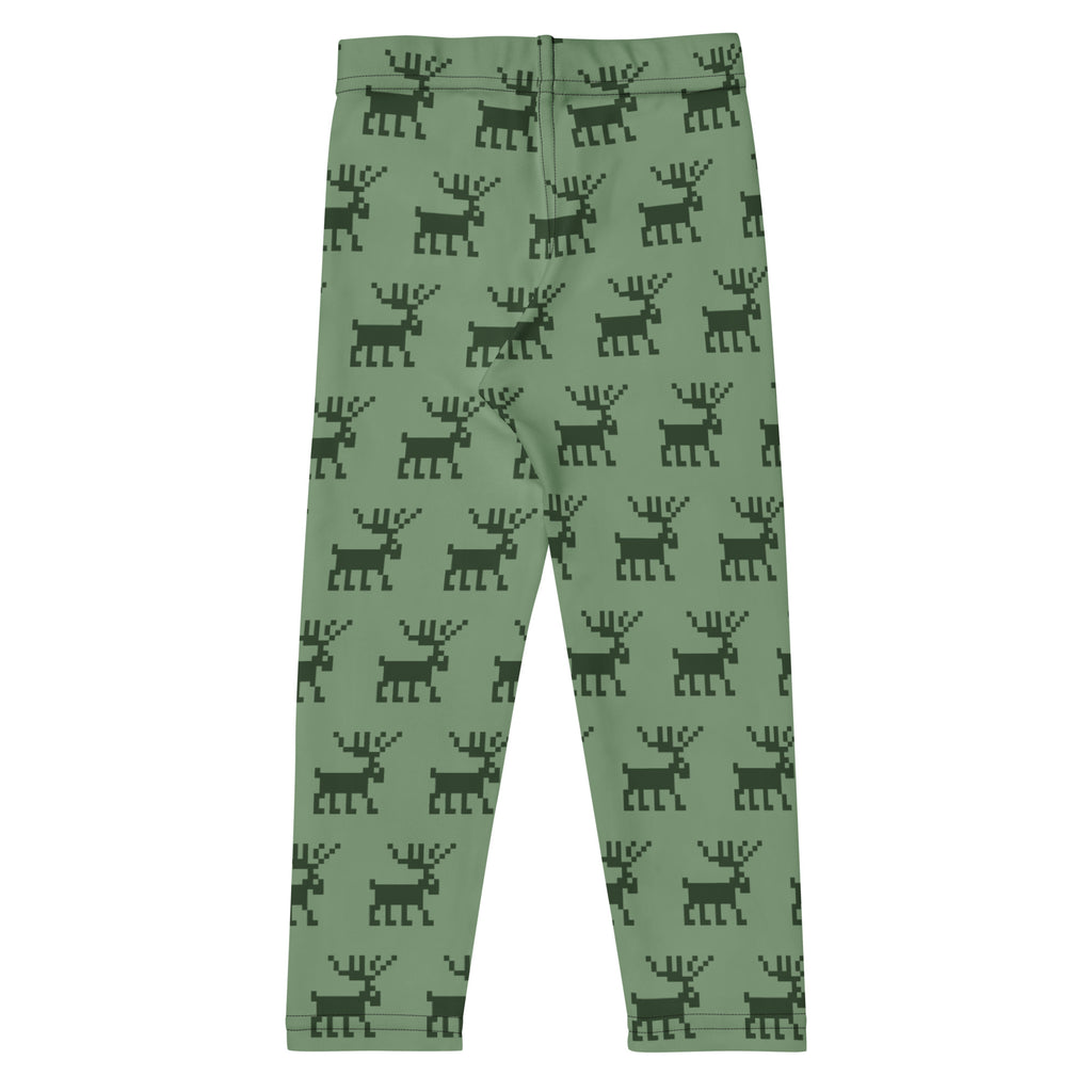 Kids green pixel reindeer Christmas buttery soft leggings in mint green with dark green pixelated reindeer pattern