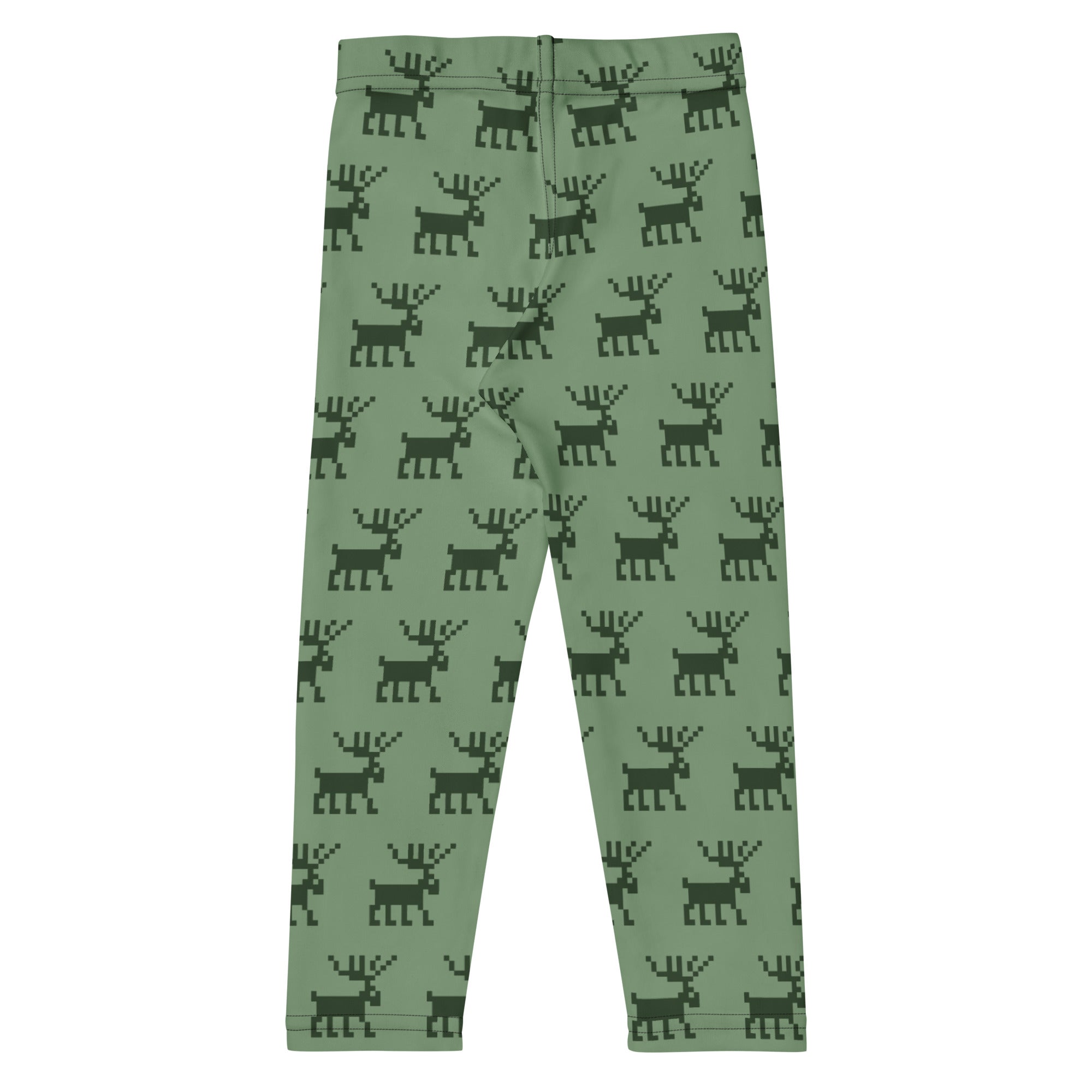 Kids green pixel reindeer Christmas buttery soft leggings in mint green with dark green pixelated reindeer pattern