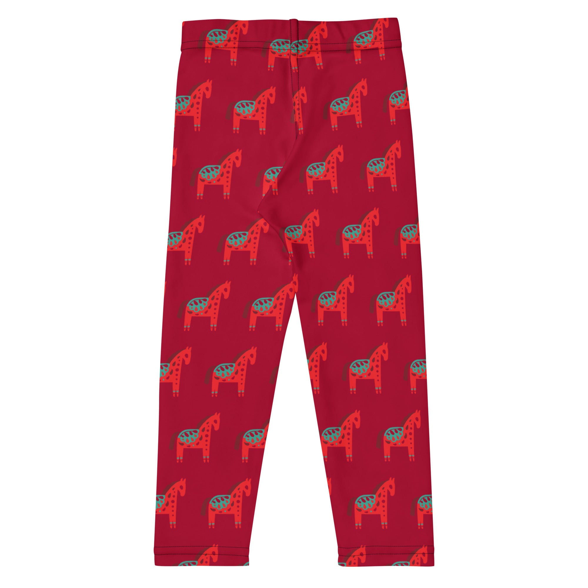 Girls scandi horse christmas buttery soft red leggings with repeating stylized red and teal horses pattern