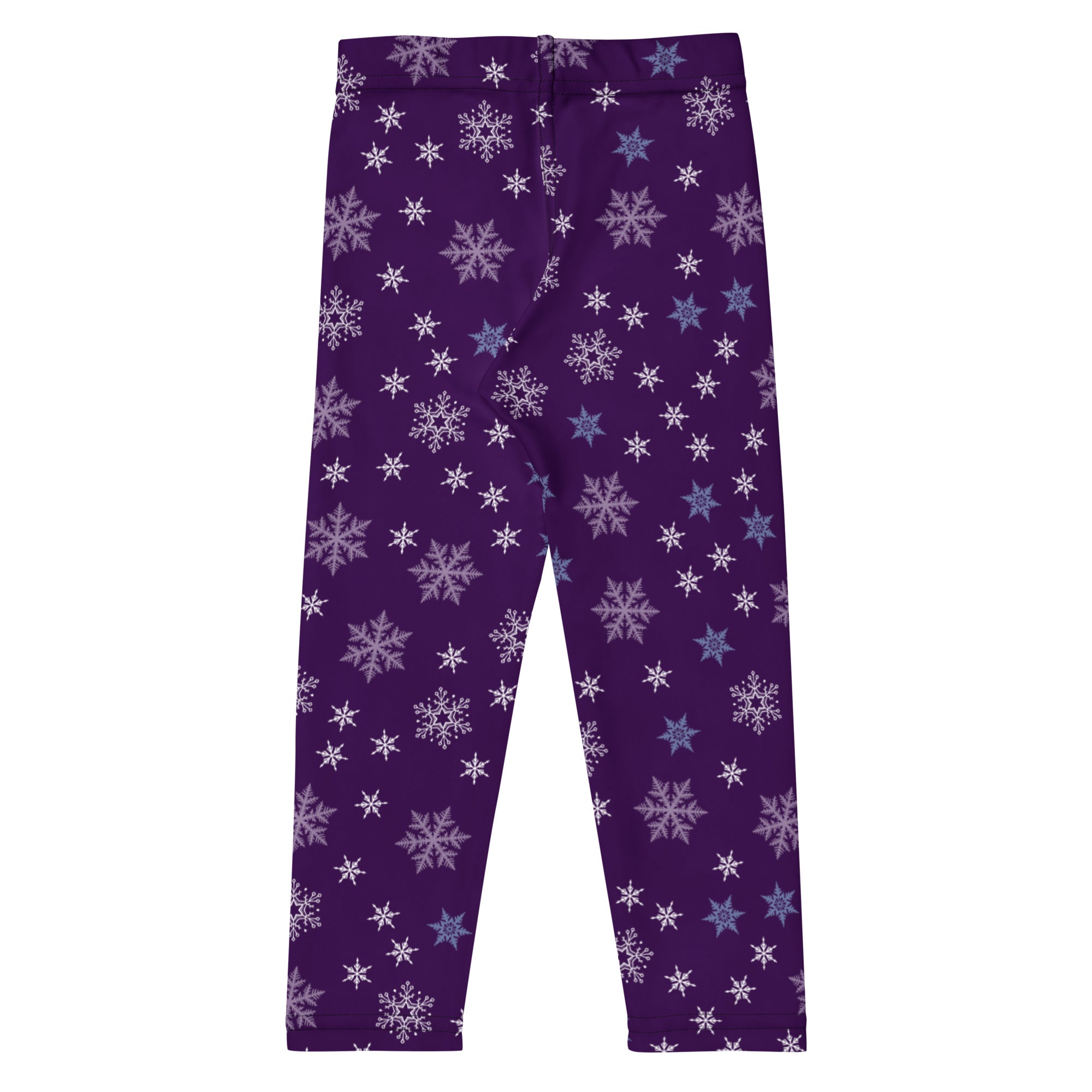 Girls purple snowflake buttery soft leggings with white and light blue snowflake patterns for winter wear