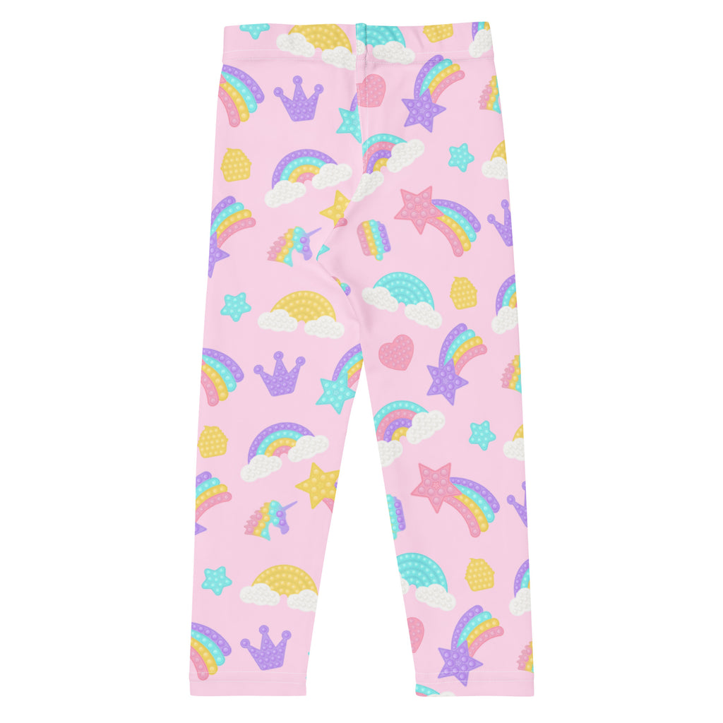 Pink girls fidget toy themed buttery soft leggings with pastel rainbows crowns stars and unicorns pattern