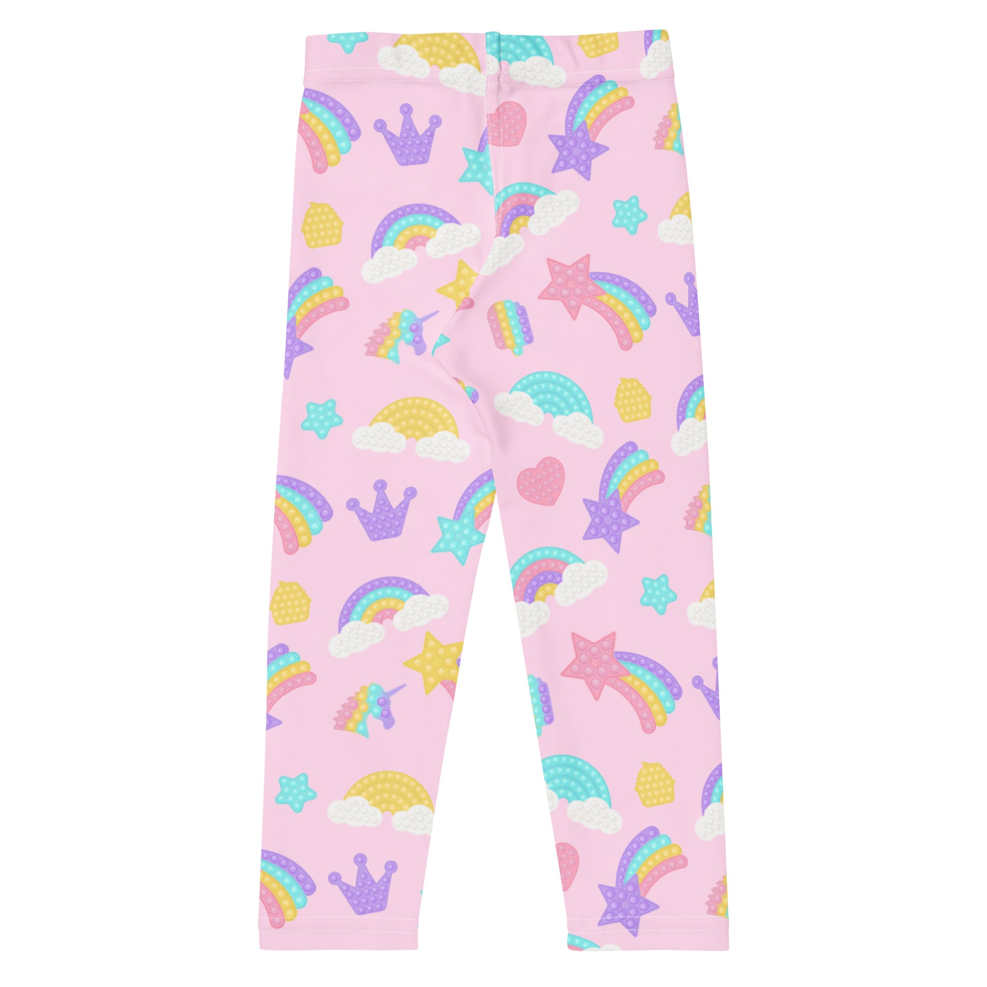 Pink girls fidget toy themed buttery soft leggings with pastel rainbows crowns stars and unicorns pattern
