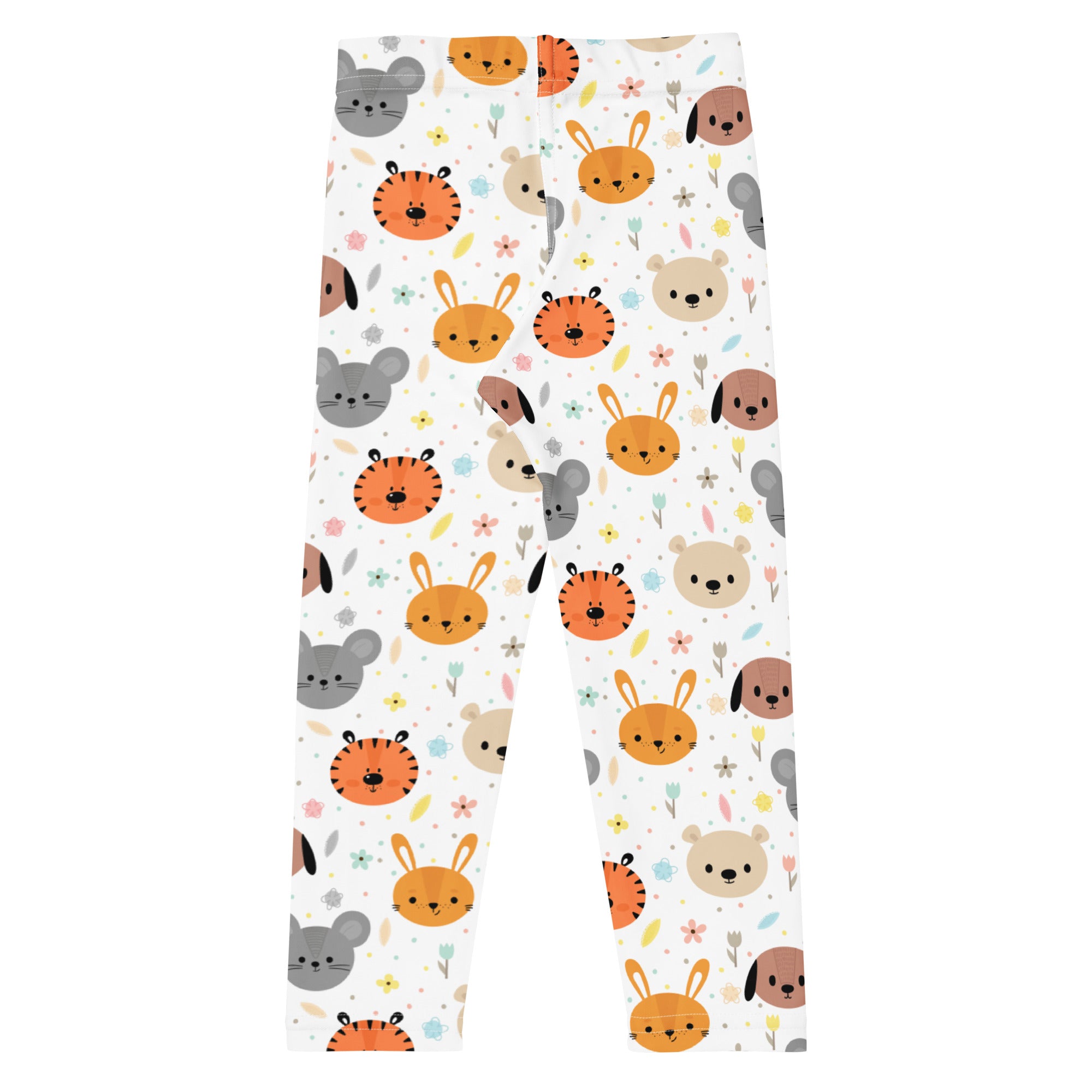 White kids buttery soft leggings with playful orange gray and beige cartoon animal faces and floral accents