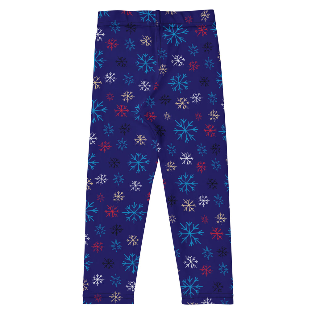 Kids snowflake pattern buttery soft purple leggings with vibrant multicolored blue red white and black snowflakes
