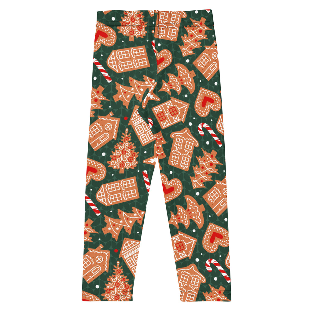 Kids green gingerbread cookie christmas buttery soft leggings with festive gingerbread houses candy canes and trees pattern