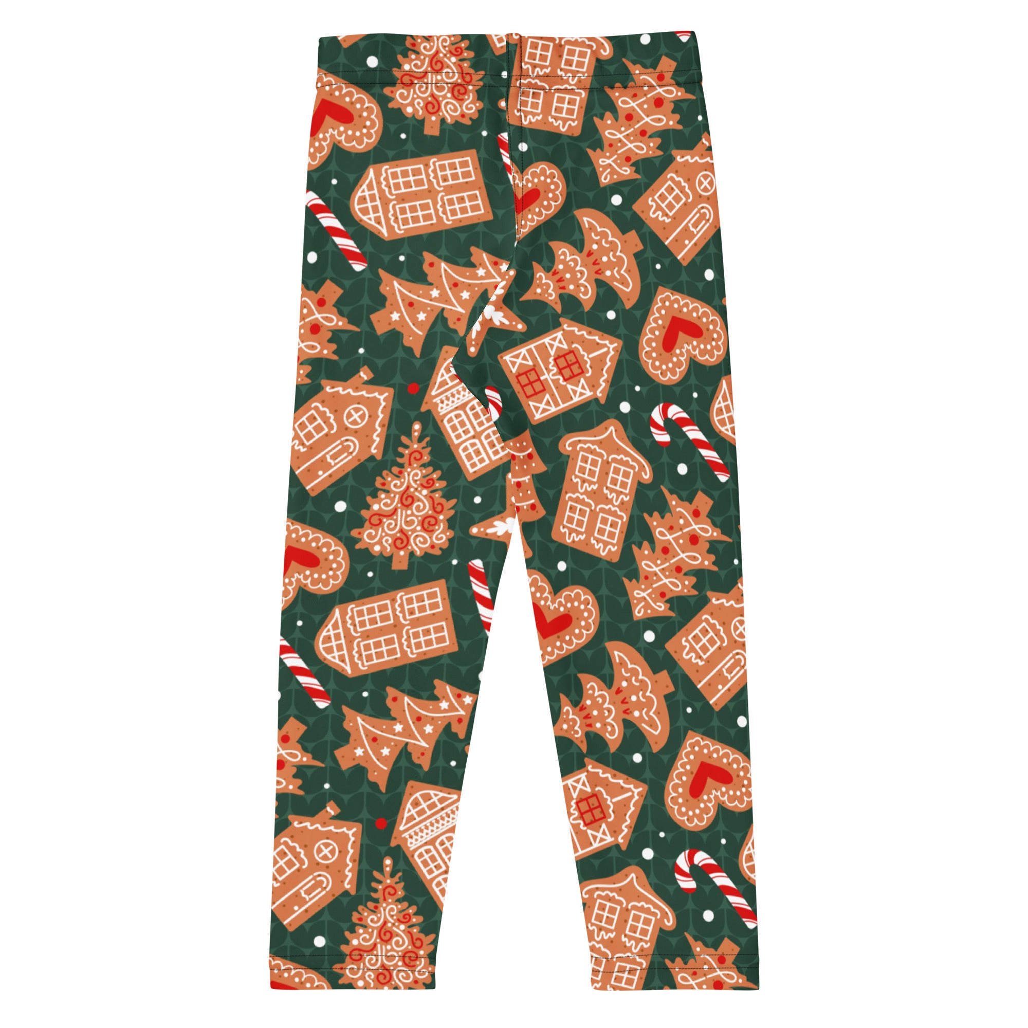 Kids green gingerbread cookie christmas buttery soft leggings with festive gingerbread houses candy canes and trees pattern