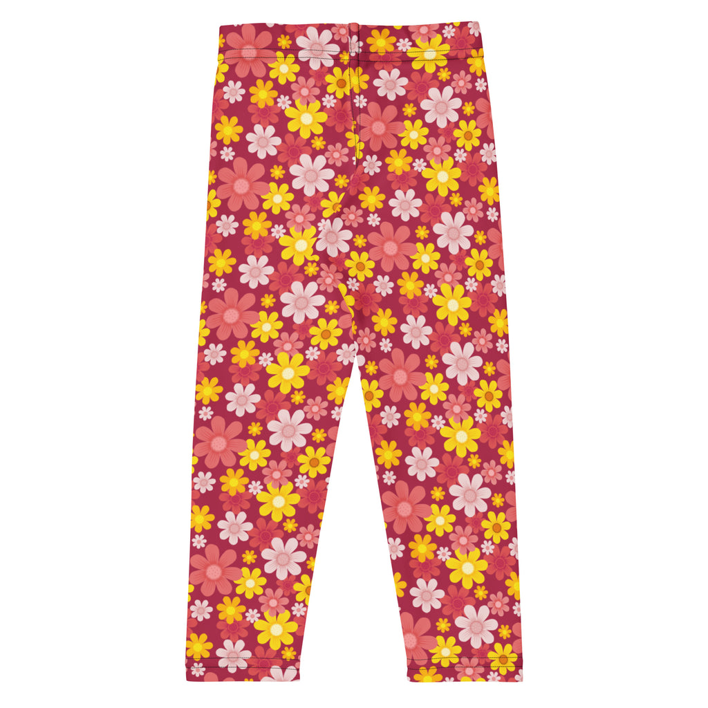 Girls red floral buttery soft leggings in deep pink with yellow and light pink flowers for comfortable wear