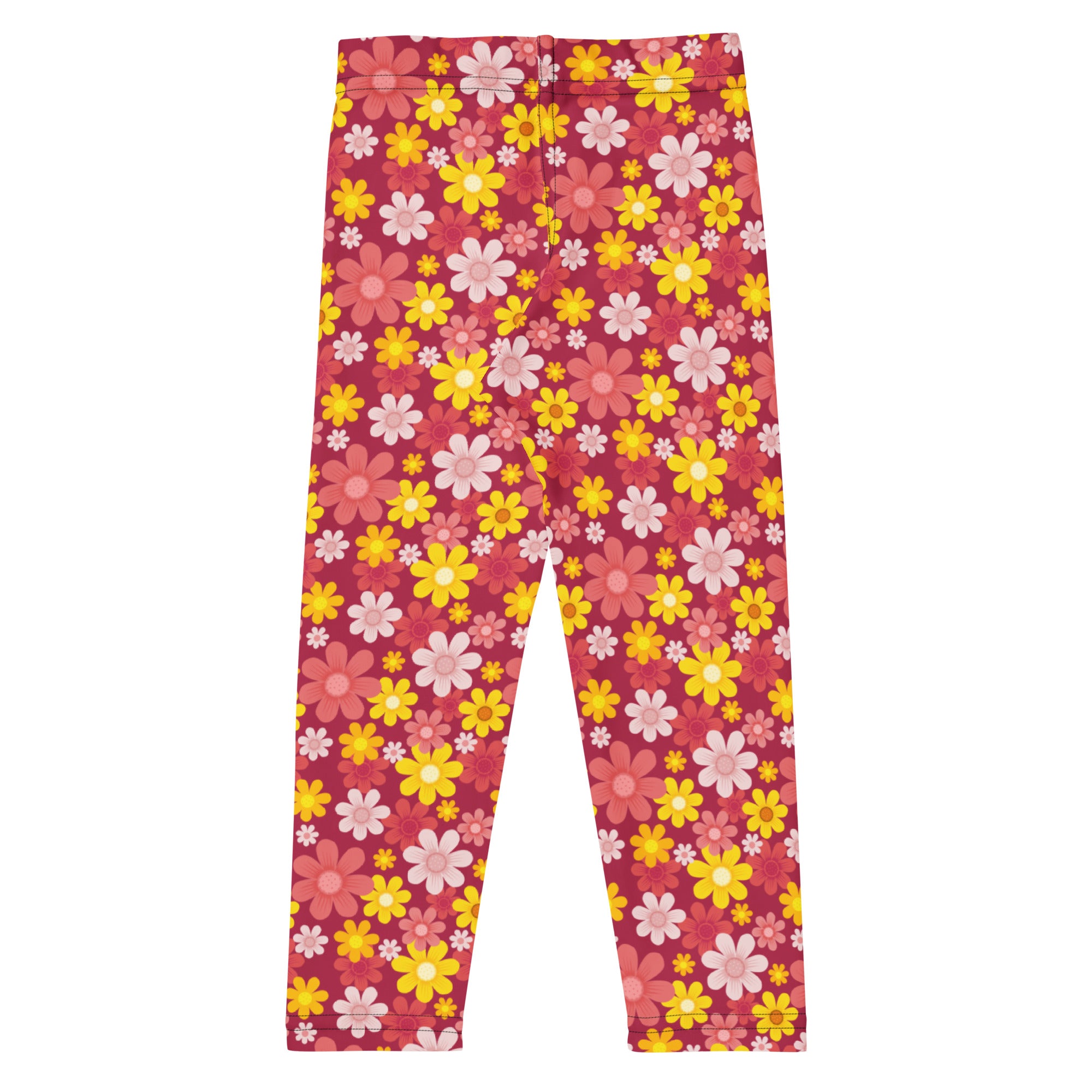 Girls red floral buttery soft leggings in deep pink with yellow and light pink flowers for comfortable wear