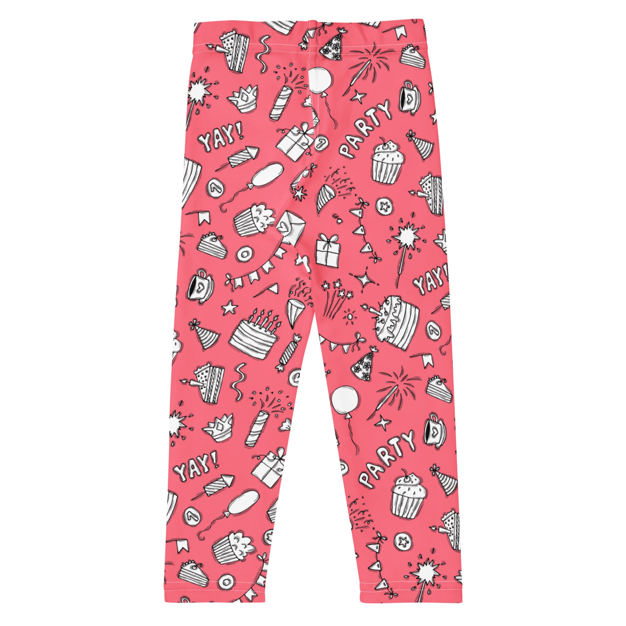 Girls pink buttery soft leggings with playful birthday party pattern of cupcakes cakes balloons and fireworks