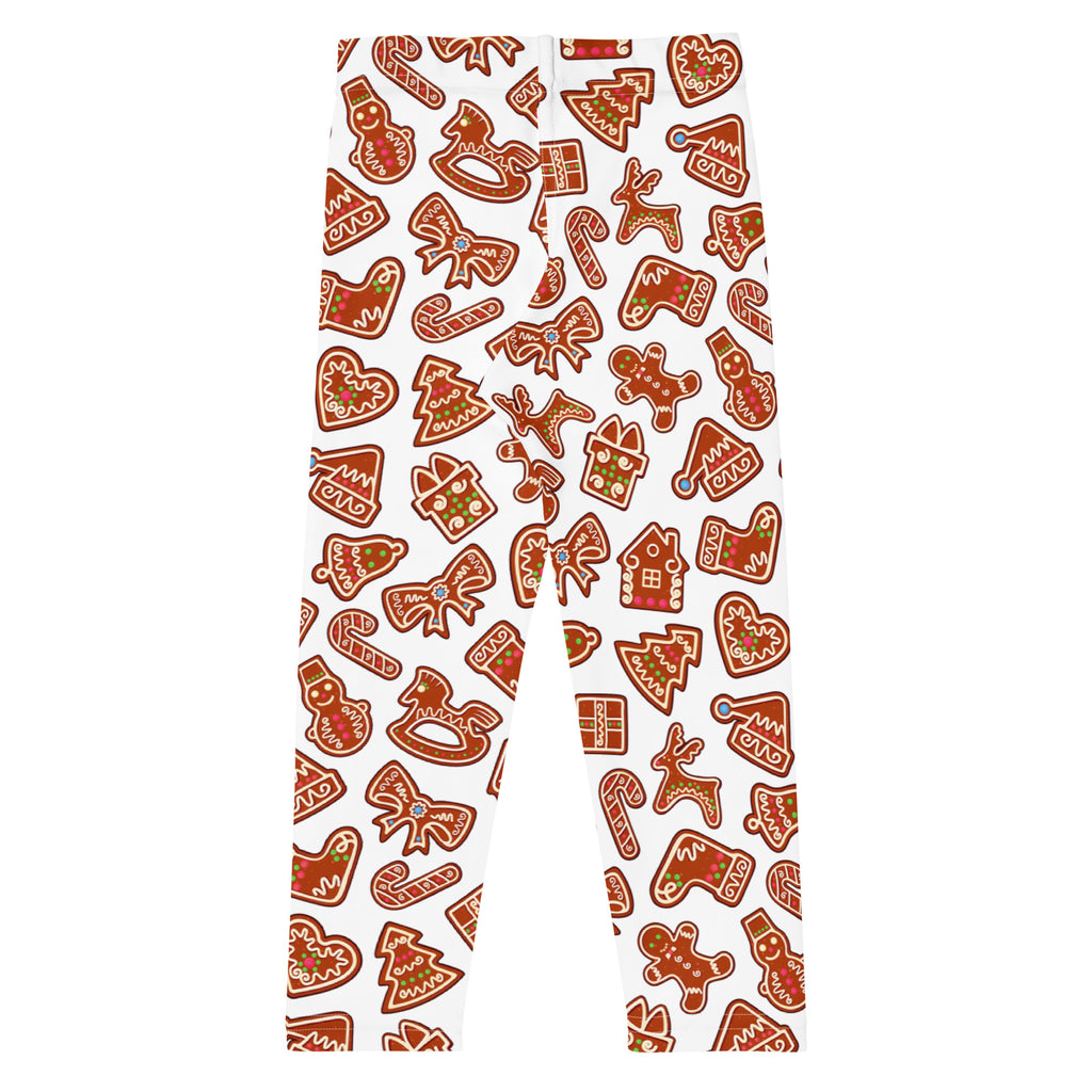 Kids white leggings with buttery soft fabric featuring festive brown and red gingerbread cookie pattern
