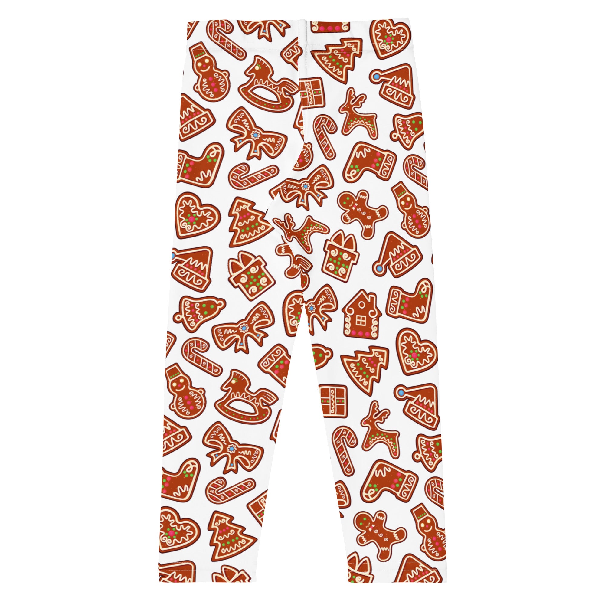 Kids white leggings with buttery soft fabric featuring festive brown and red gingerbread cookie pattern