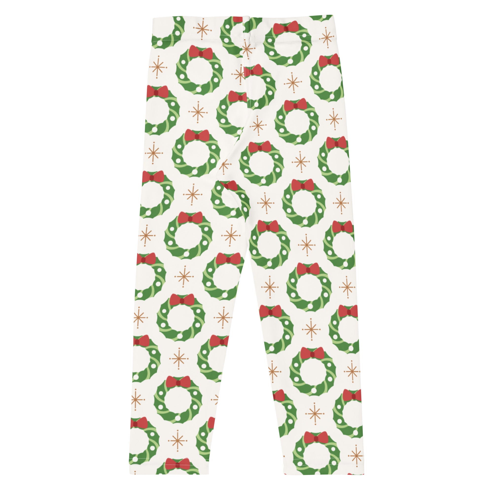 Kids holiday wreath buttery soft white leggings with green wreaths red bows and gold starburst accents pattern