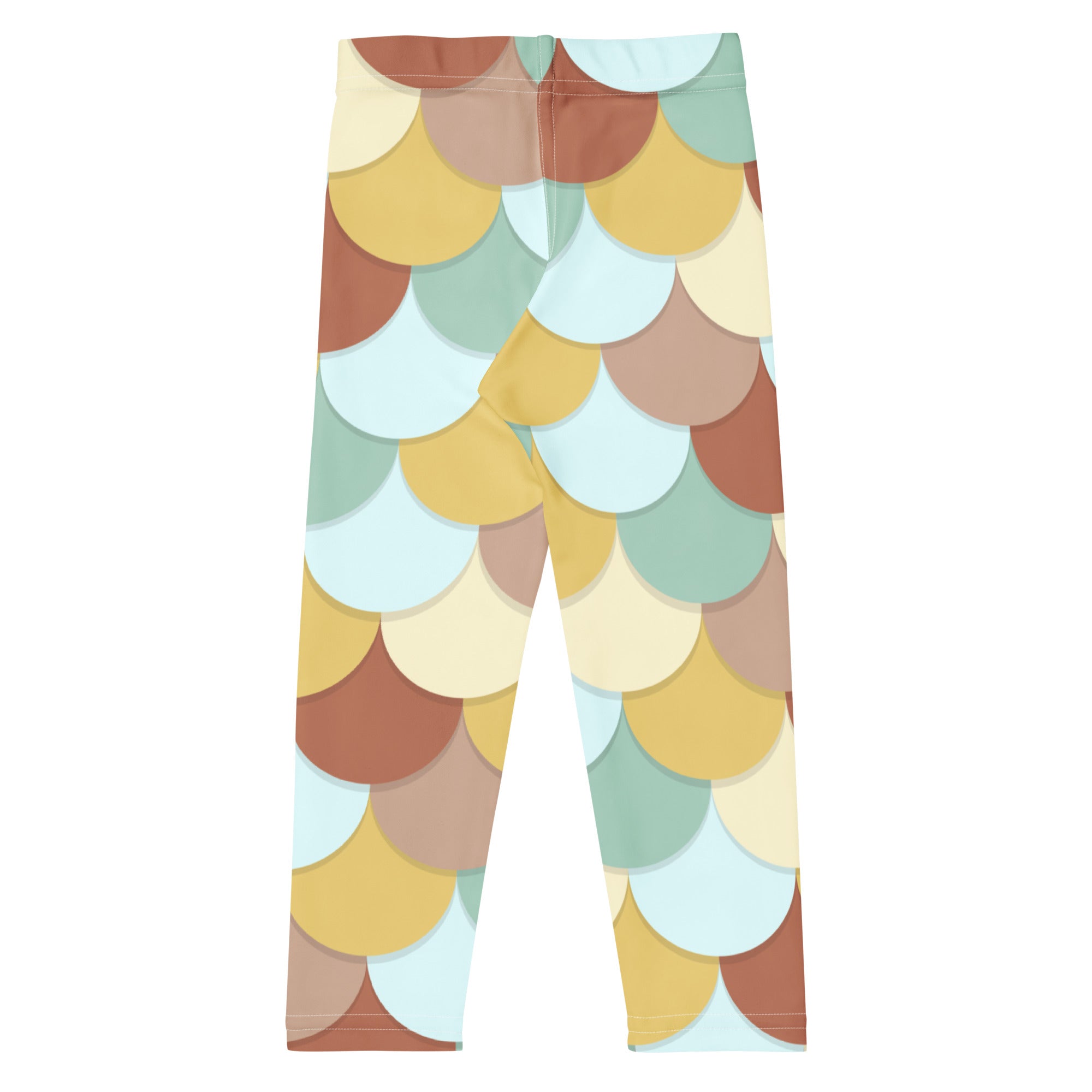 Girls green and brown mermaid buttery soft leggings with mermaid scale pattern in earthy brown yellow and teal tones