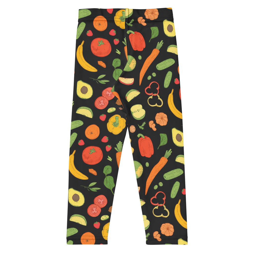 Kids veggie print buttery soft black leggings with bright cartoon-style fruits and vegetables in orange red yellow green and pink