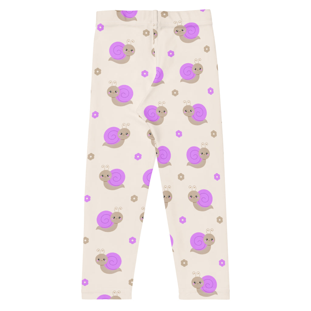 Girls purple snail buttery soft leggings in cream featuring playful purple and beige snail patterns with small flowers