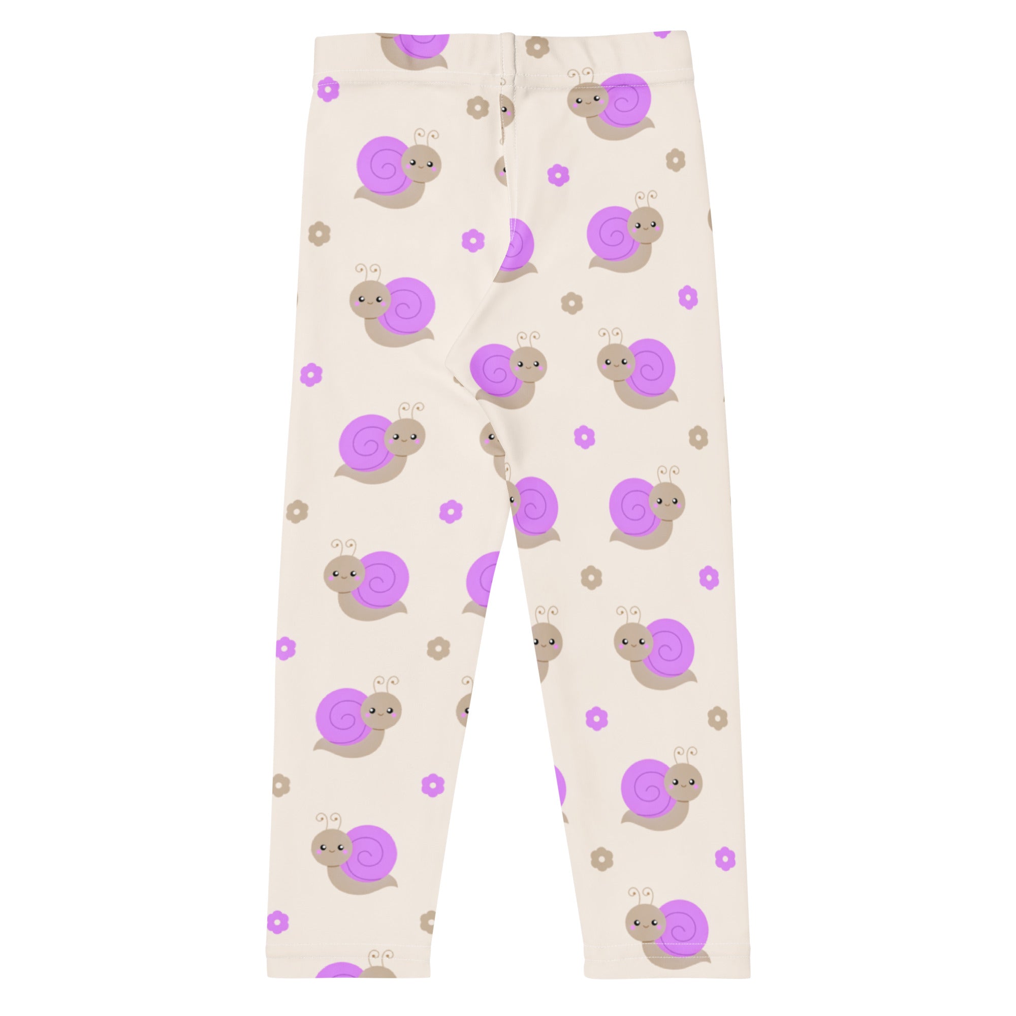Girls purple snail buttery soft leggings in cream featuring playful purple and beige snail patterns with small flowers