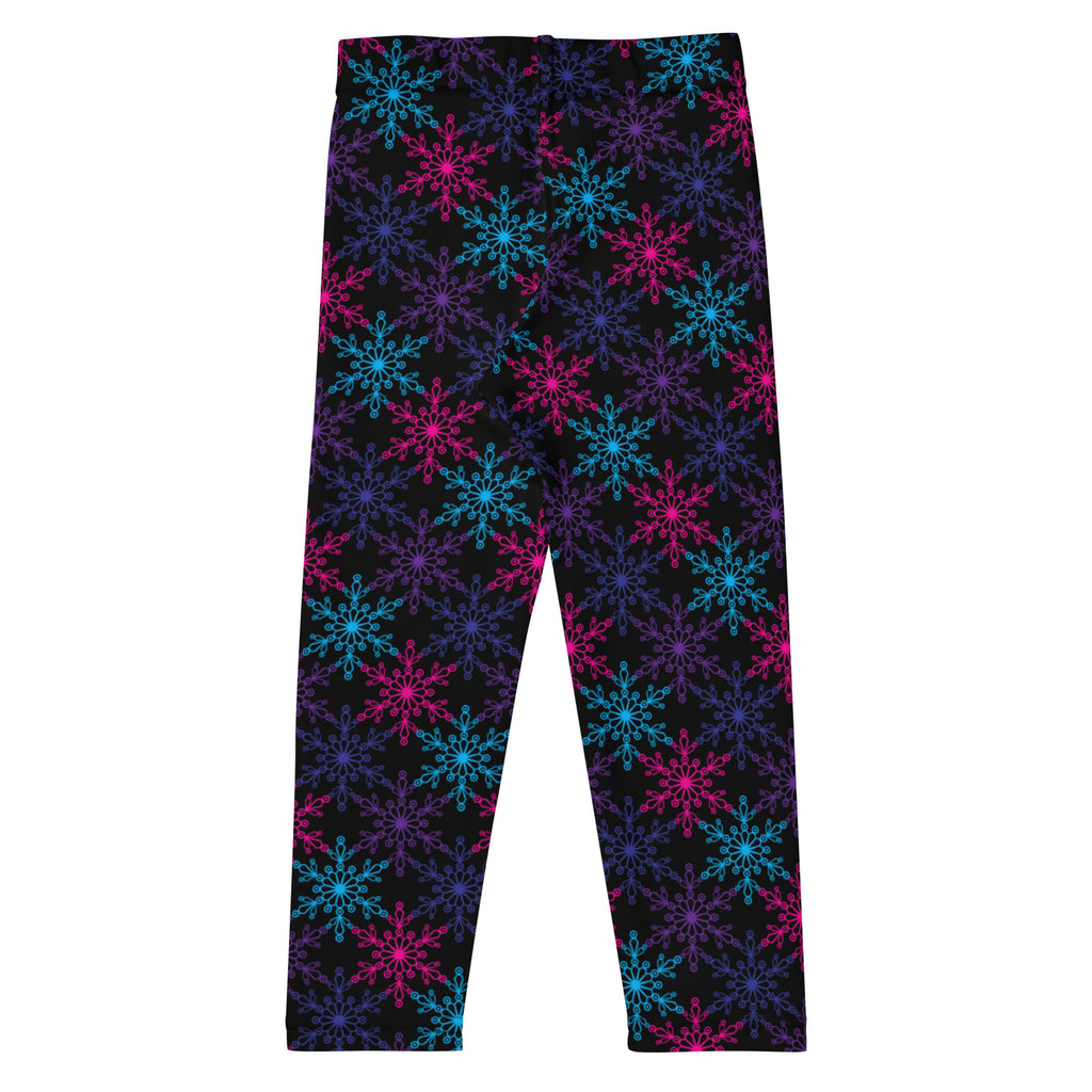 Girls neon snowflake buttery soft black leggings with vibrant neon pink and cyan snowflake pattern