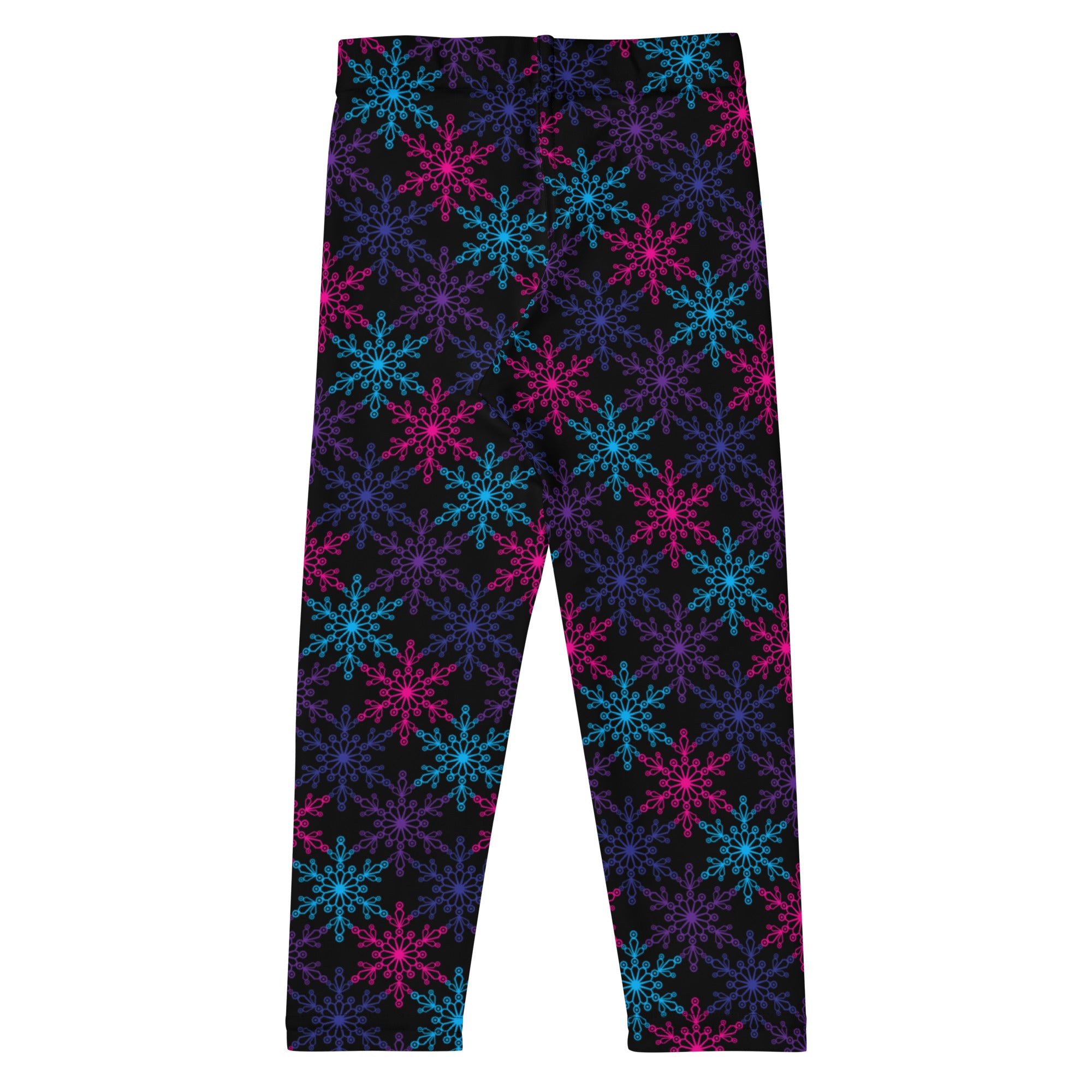 Girls neon snowflake buttery soft black leggings with vibrant neon pink and cyan snowflake pattern