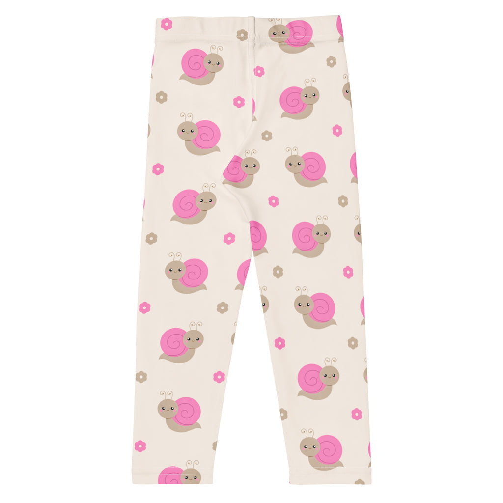 Cream-colored buttery soft girls leggings with playful pink and gray cartoon snails and small flowers pattern