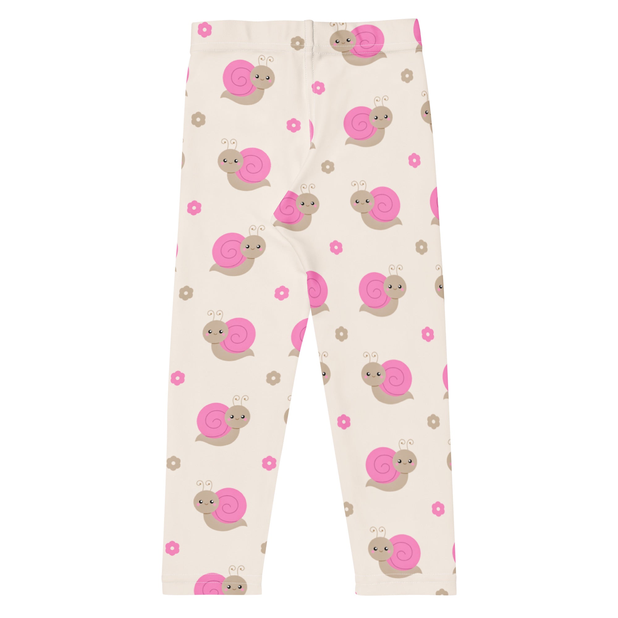 Cream-colored buttery soft girls leggings with playful pink and gray cartoon snails and small flowers pattern