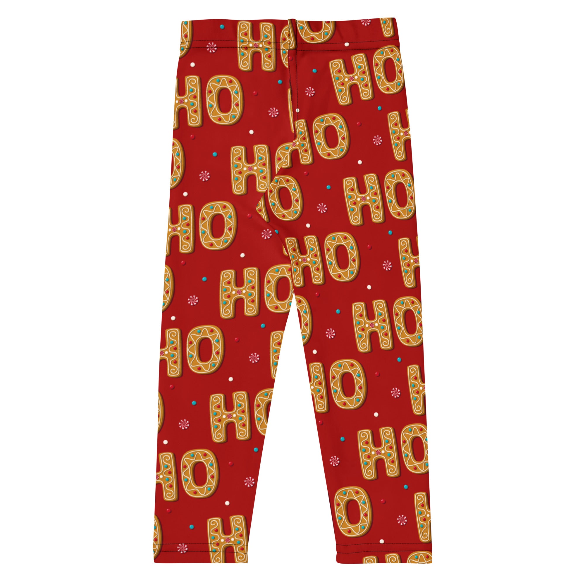 Girls gingerbread ho ho ho Christmas buttery soft red leggings with golden ho ho cookie pattern and green and blue accents