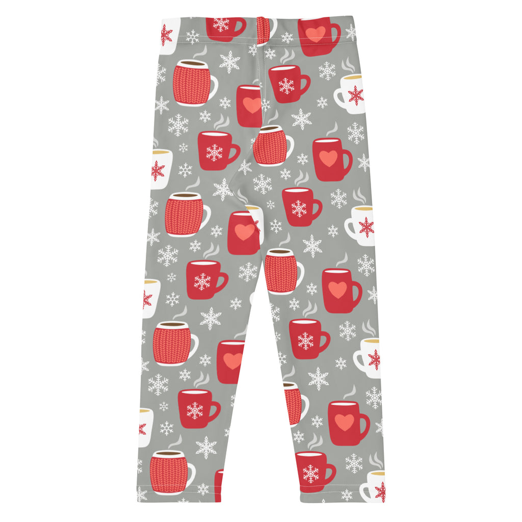 Gray buttery soft kids leggings with red and white cute hot cocoa mugs hearts and snowflakes pattern