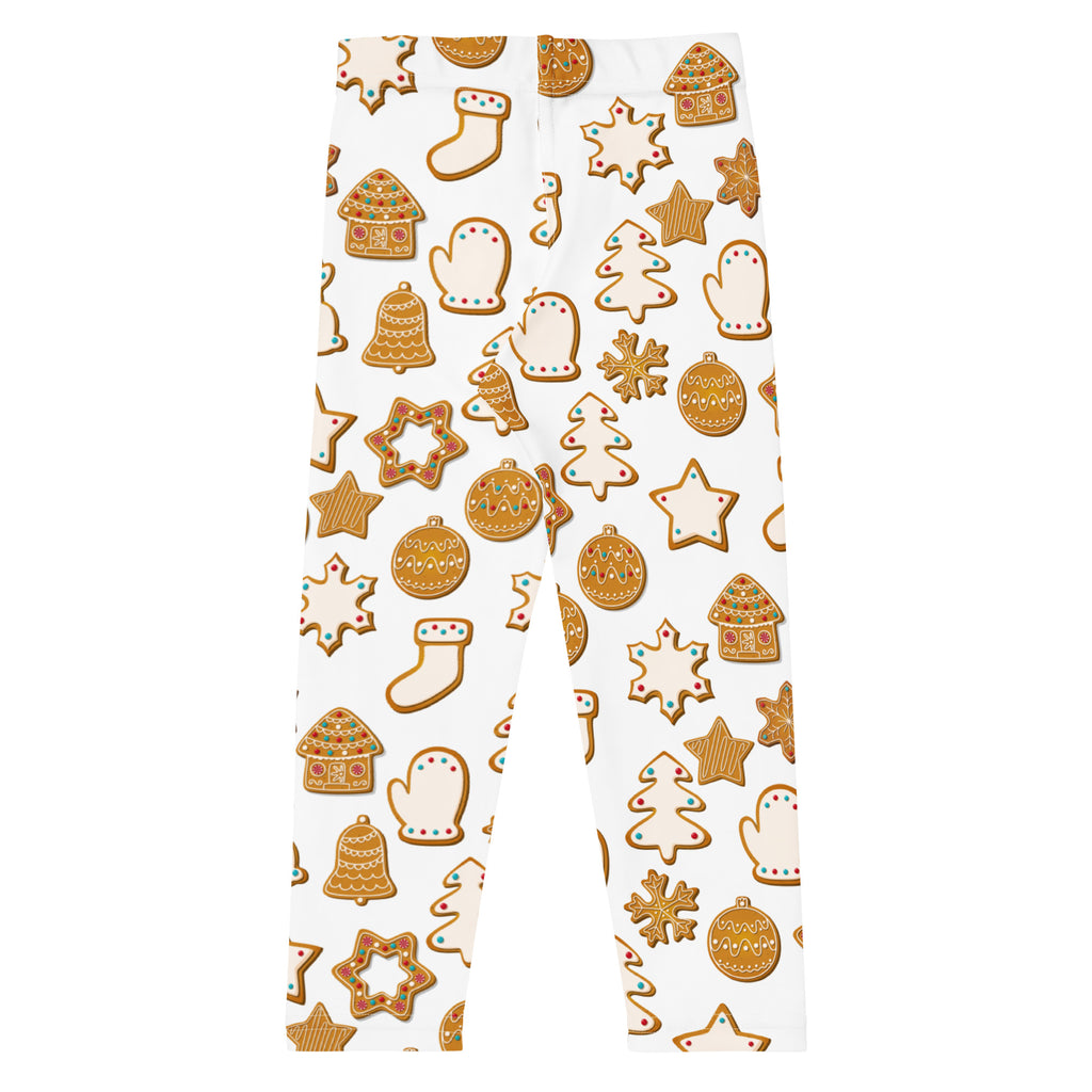Kids gingerbread cookie christmas buttery soft white leggings with festive brown and gold gingerbread cookie pattern