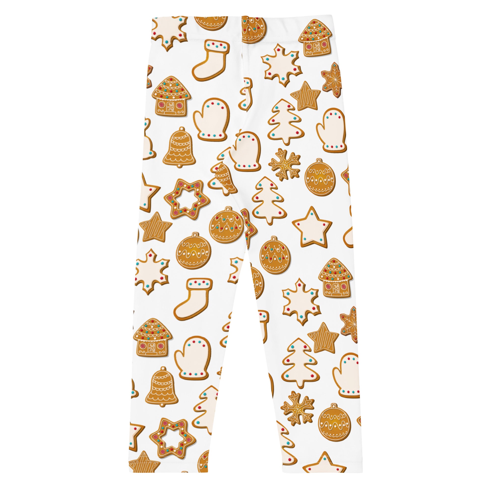 Kids gingerbread cookie christmas buttery soft white leggings with festive brown and gold gingerbread cookie pattern
