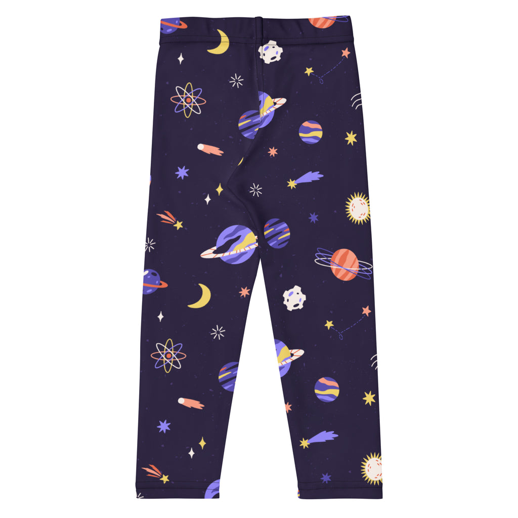 Girls purple outer space buttery soft leggings in dark blue with colorful planets moons stars and atomic symbols cartoon design