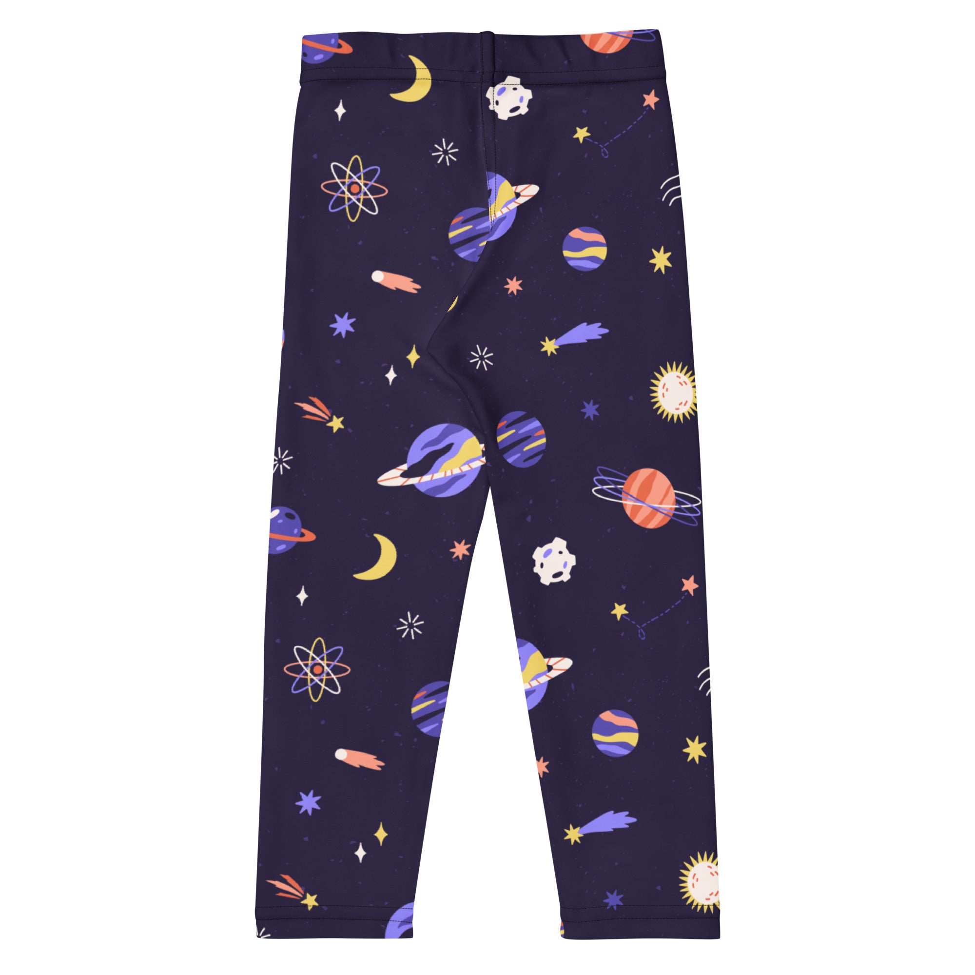 Girls purple outer space buttery soft leggings in dark blue with colorful planets moons stars and atomic symbols cartoon design