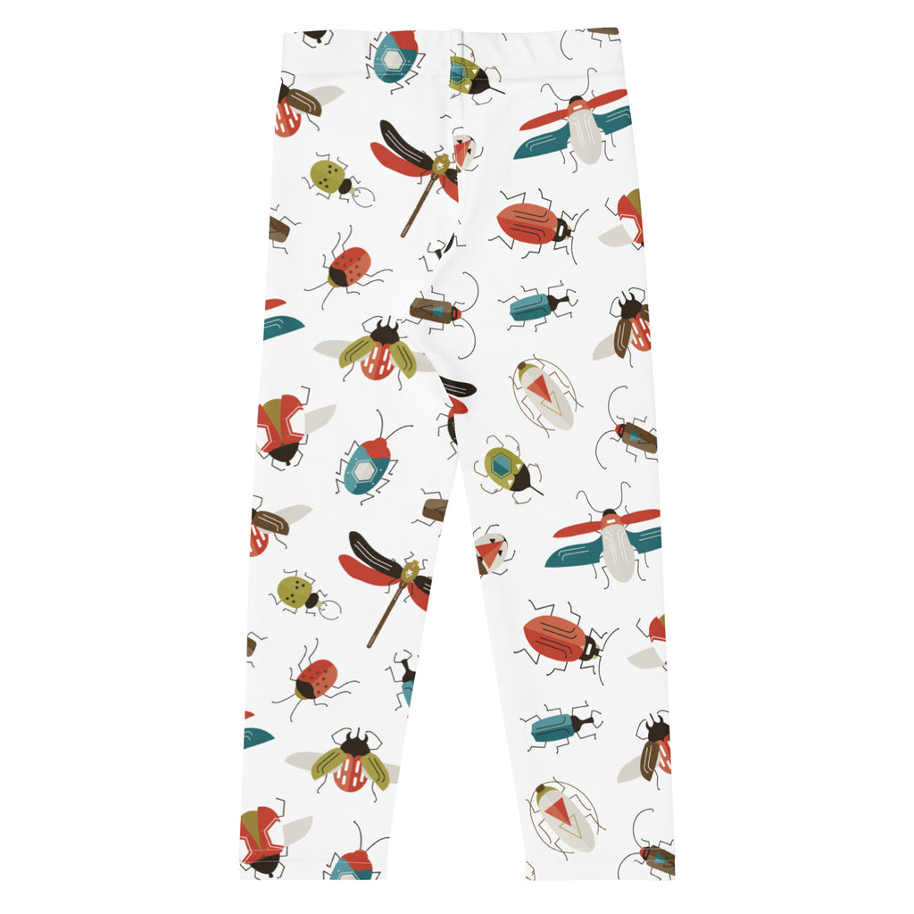 Kids bug print buttery soft white leggings with colorful cartoon insect pattern in red blue green and brown