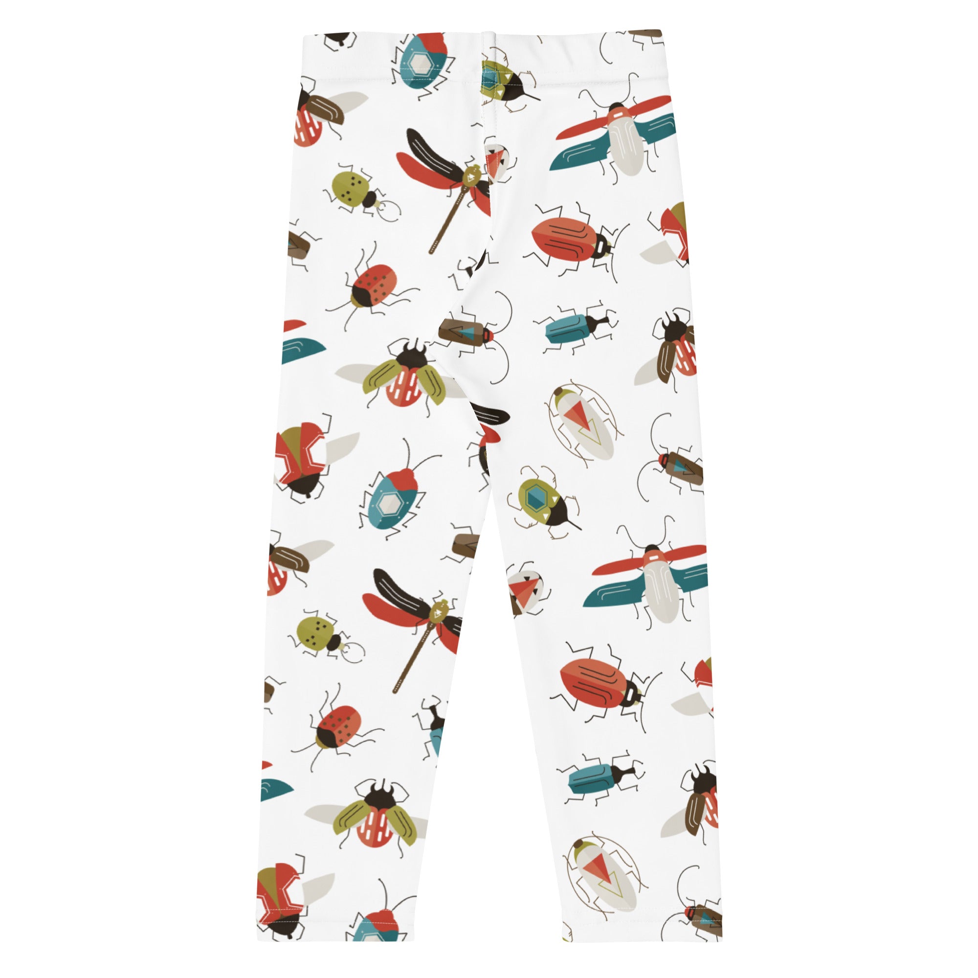 Kids bug print buttery soft white leggings with colorful cartoon insect pattern in red blue green and brown