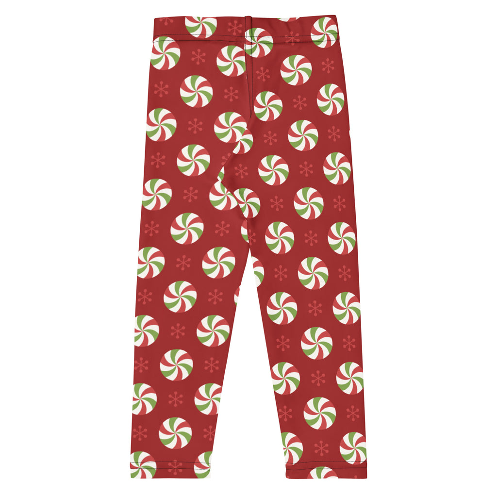 Kids christmas peppermint buttery soft red leggings with festive green white red peppermint and snowflake pattern