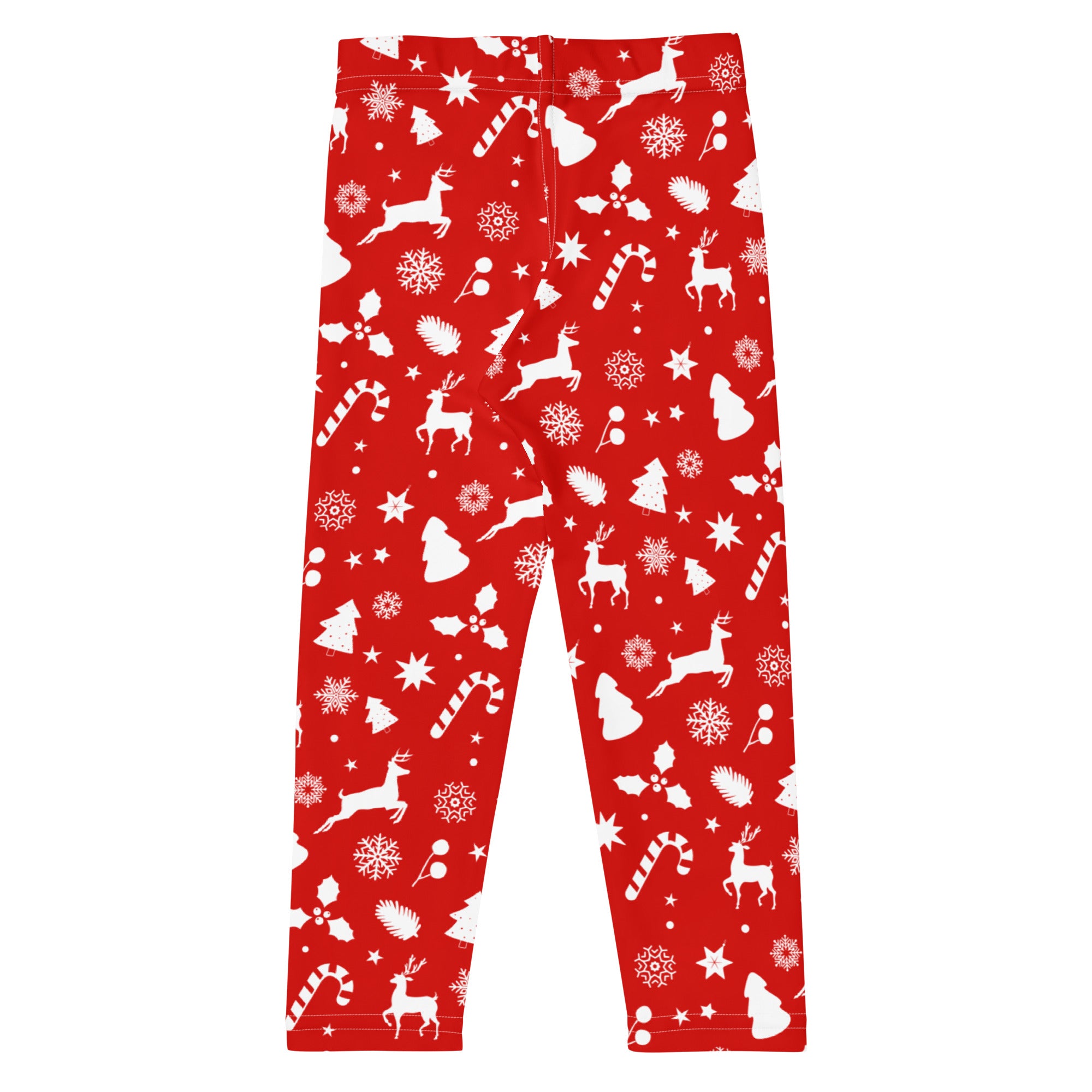 Kids red christmas pattern buttery soft leggings featuring white reindeer snowflakes candy canes and holiday trees