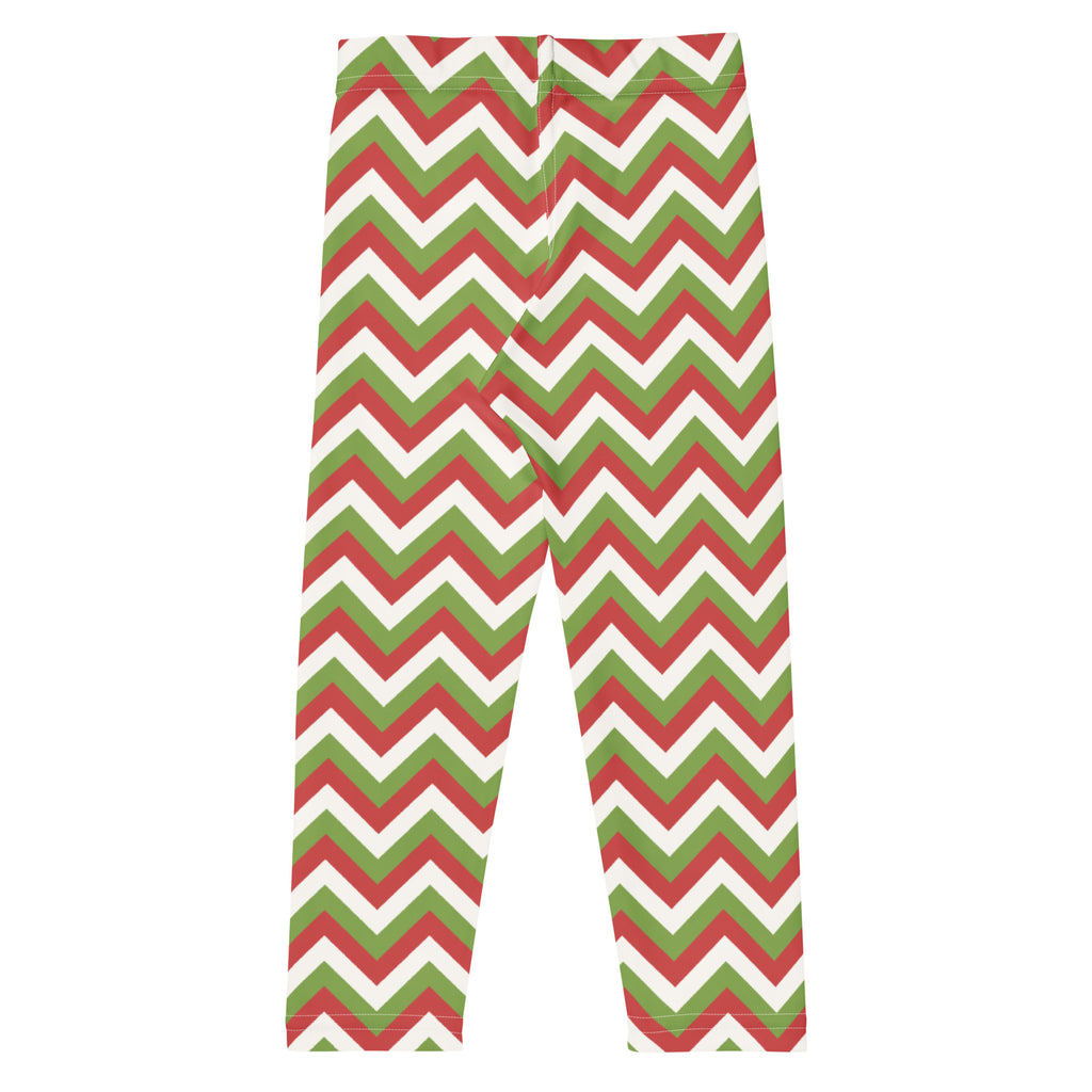 Kids christmas chevron buttery soft leggings in red green and white with a festive chevron pattern
