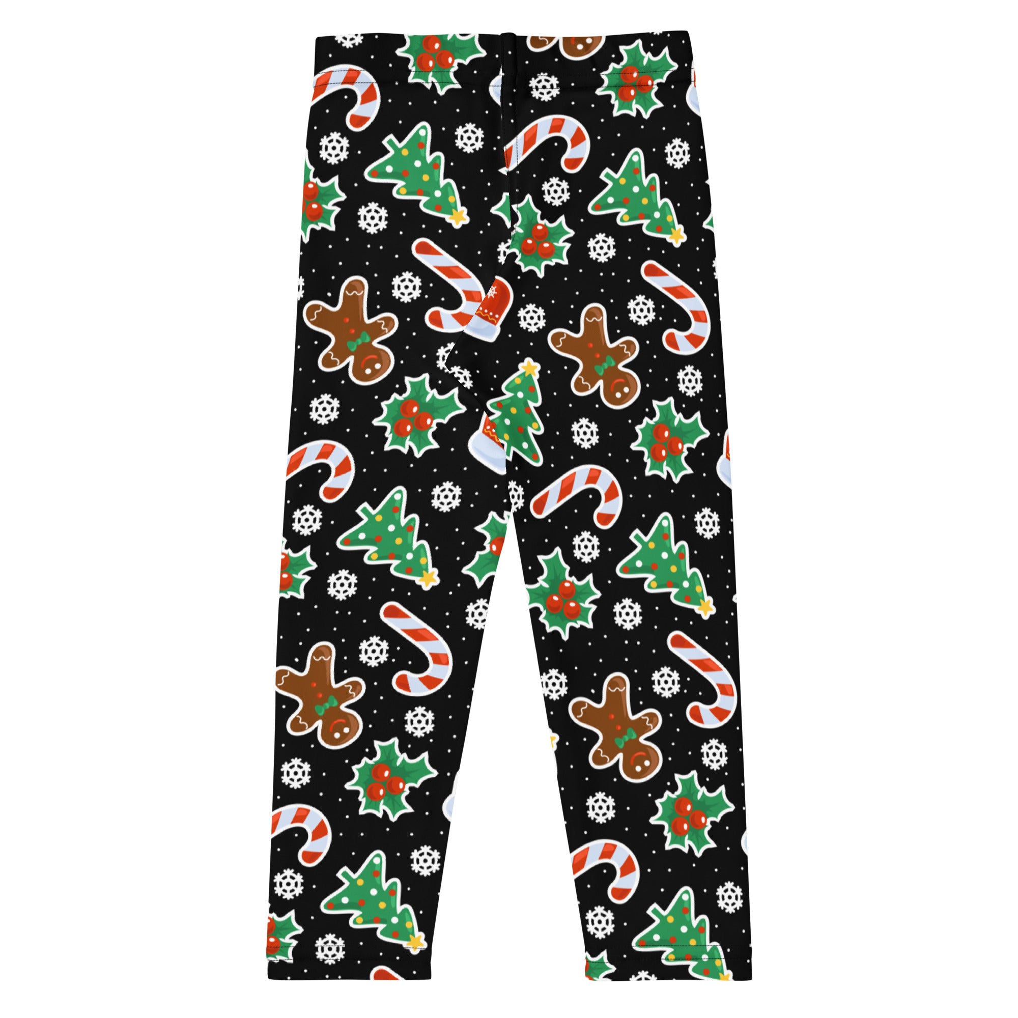 Kids gingerbread themed christmas buttery soft black leggings with festive white green and brown holiday patterns