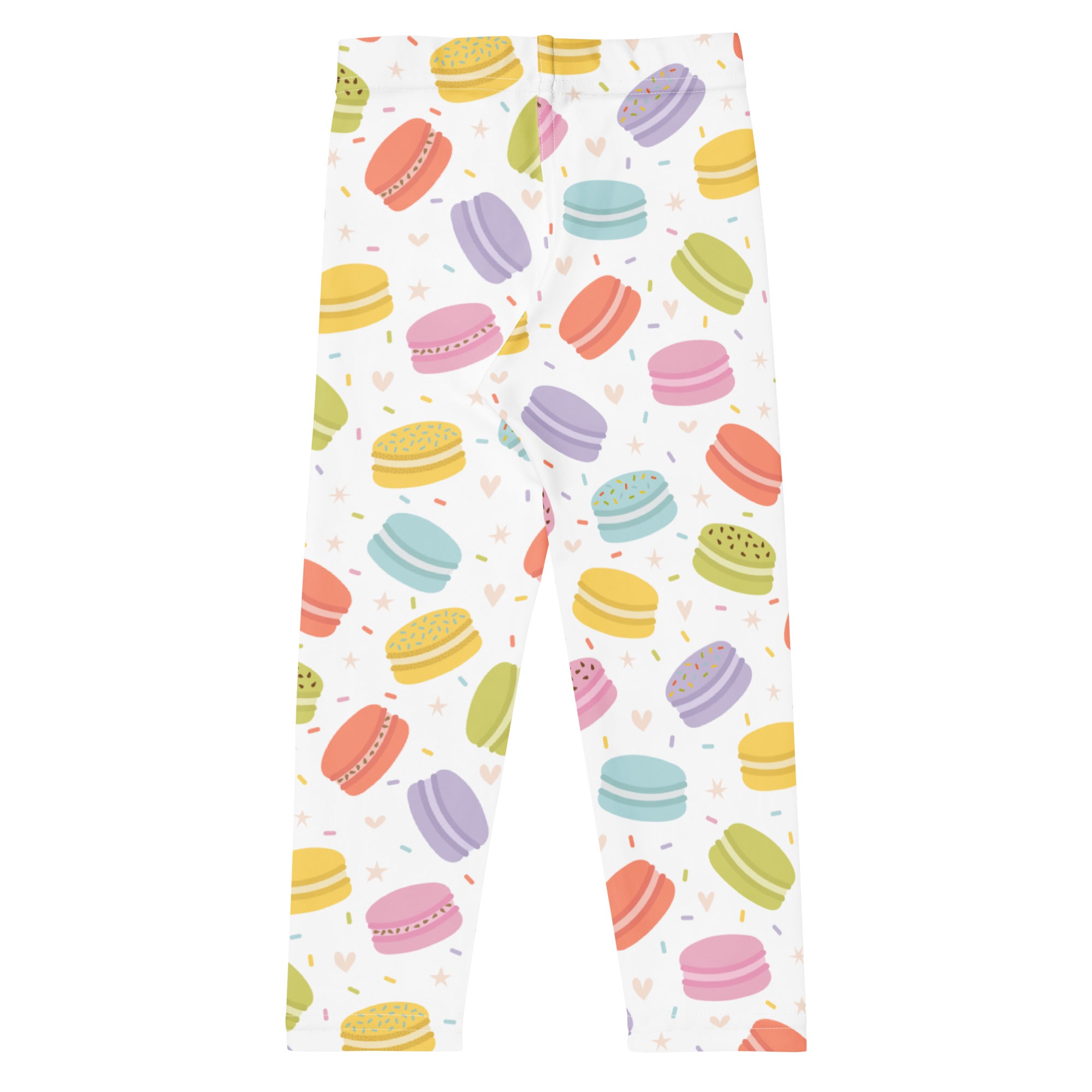 White girls leggings with colorful macaron cookie print in pink purple yellow green and orange buttery soft fabric