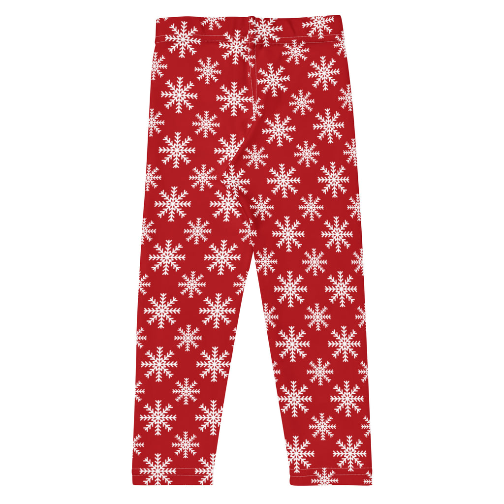 Kids red snowflake christmas buttery soft leggings with a repeating white snowflake pattern