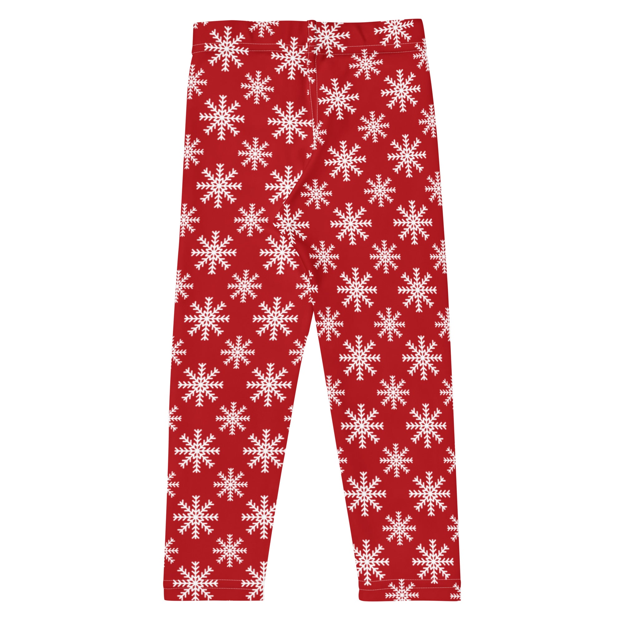 Kids red snowflake christmas buttery soft leggings with a repeating white snowflake pattern