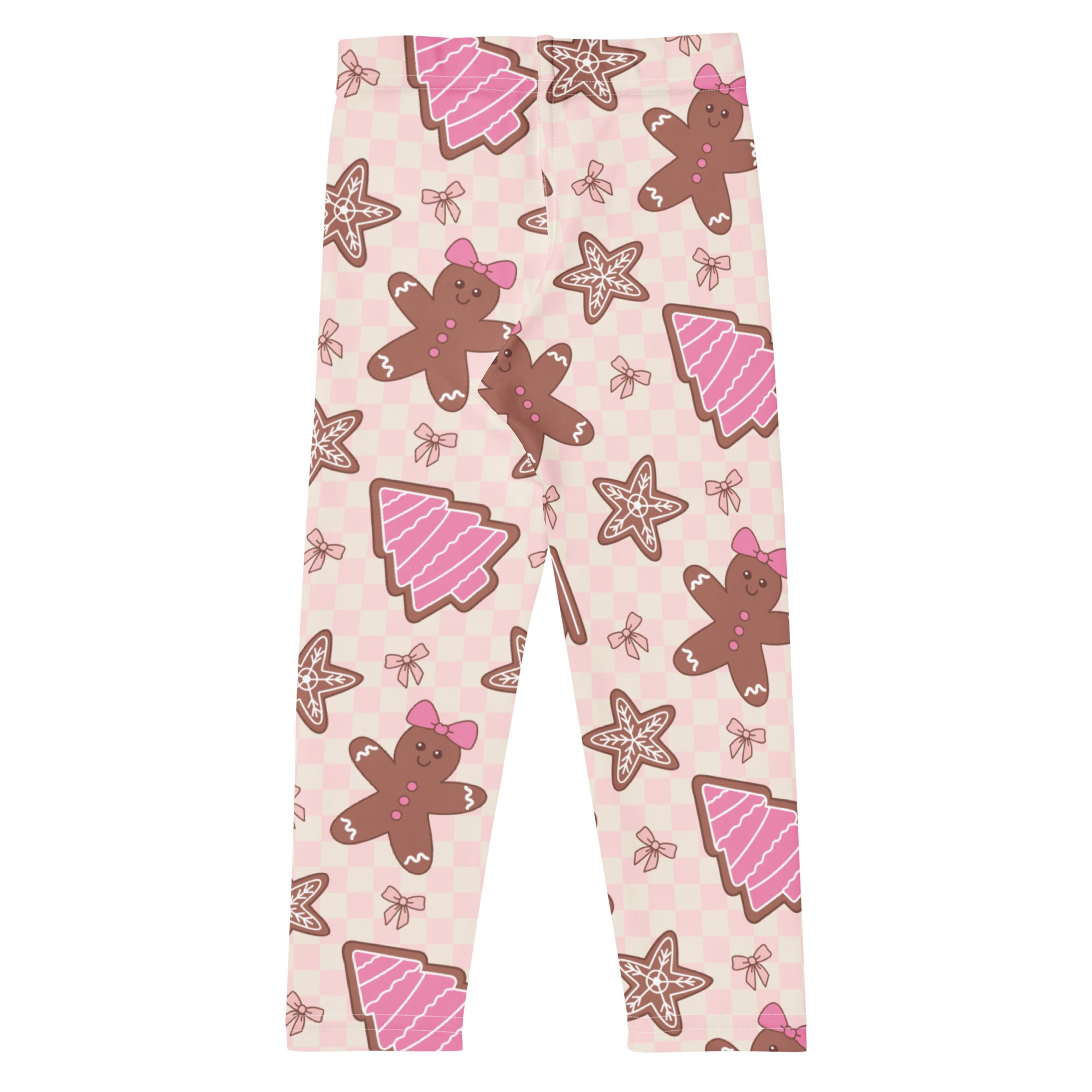 Girls pink gingerbread christmas buttery soft leggings with festive gingerbread men and decorated christmas tree pattern