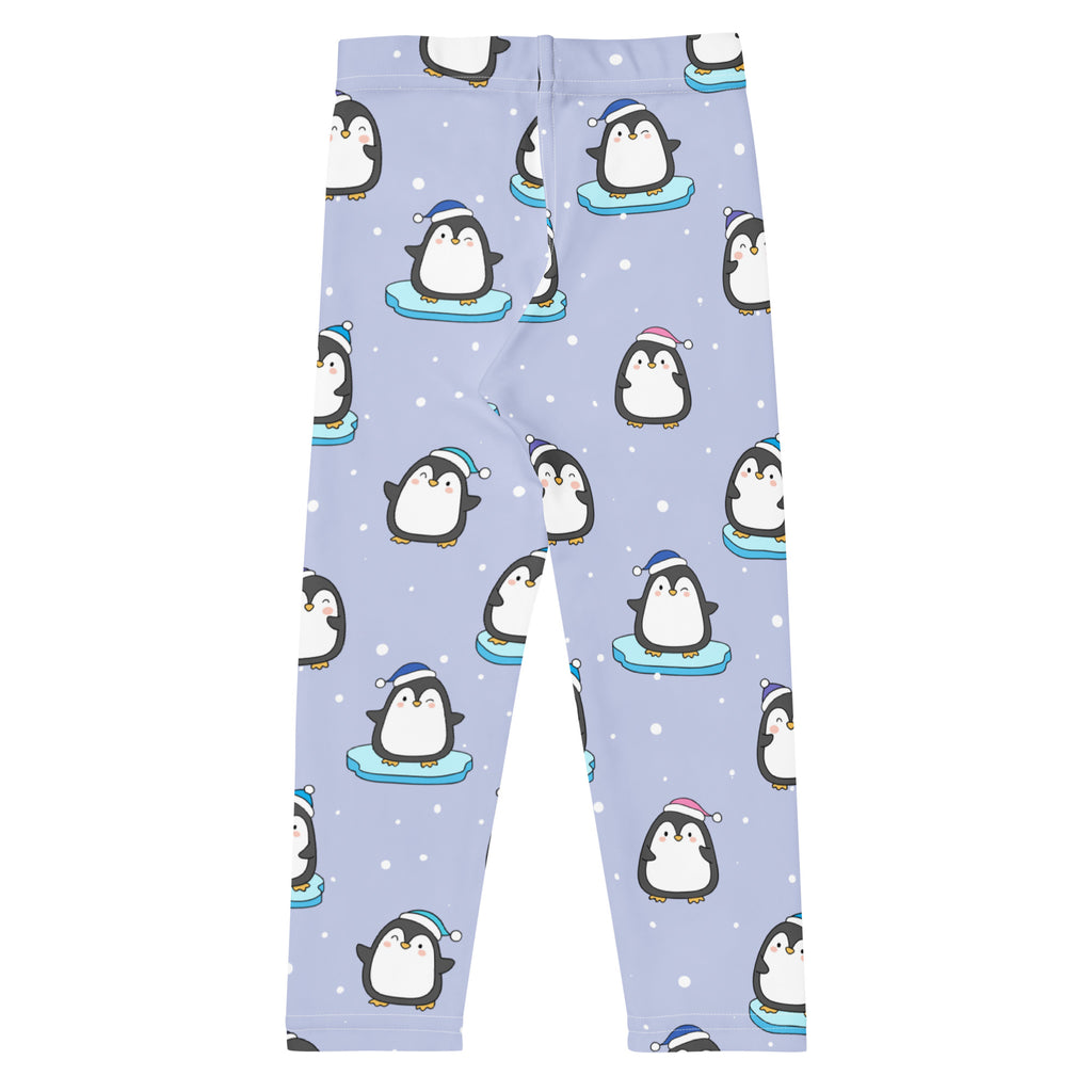 Light purple girls winter penguin christmas buttery soft leggings with playful cartoon penguin pattern on ice floes