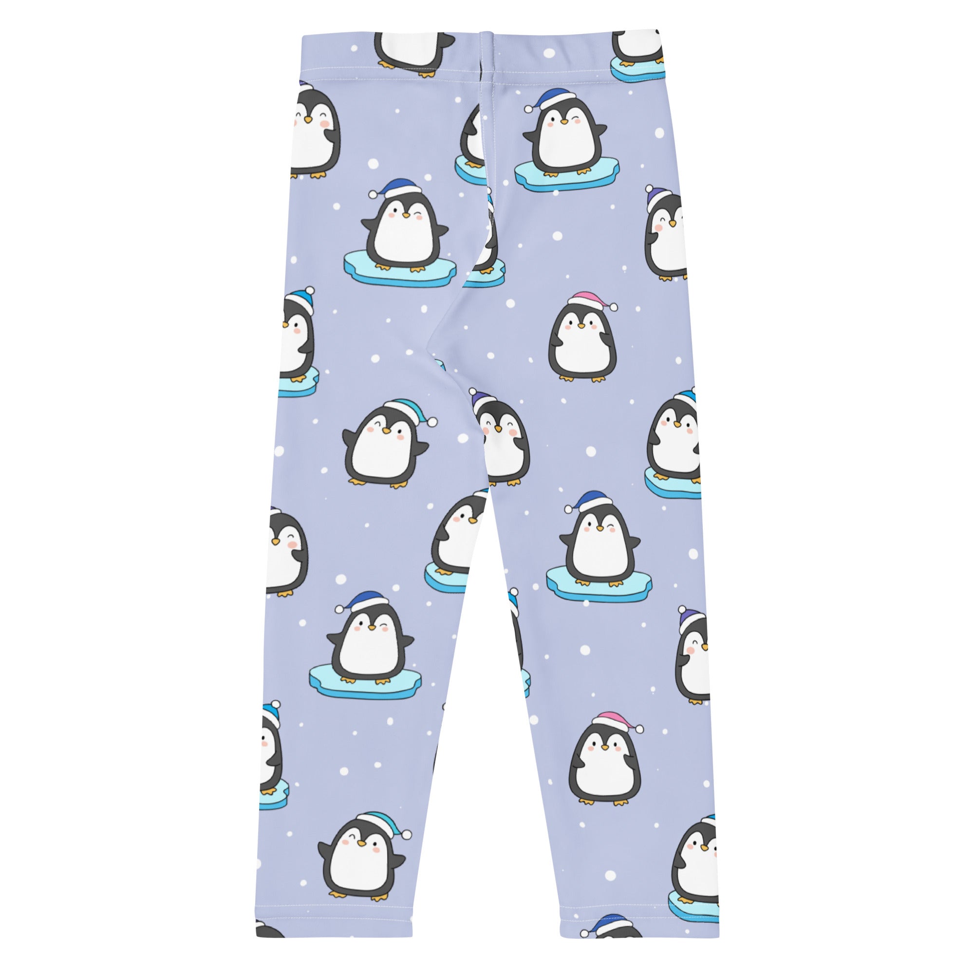 Light purple girls winter penguin christmas buttery soft leggings with playful cartoon penguin pattern on ice floes